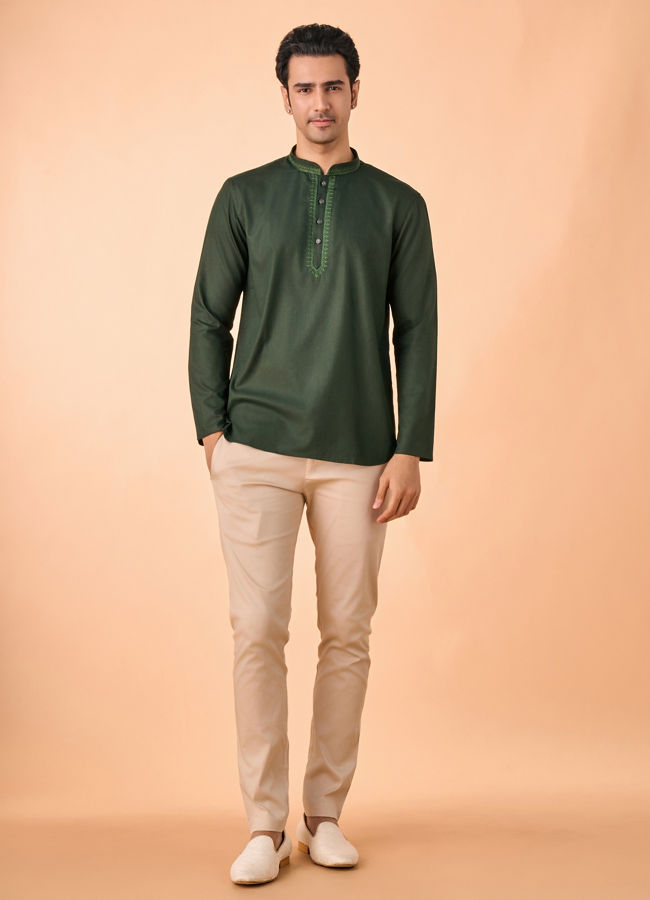 Manyavar Men Enchanting Dark Green Short Kurta