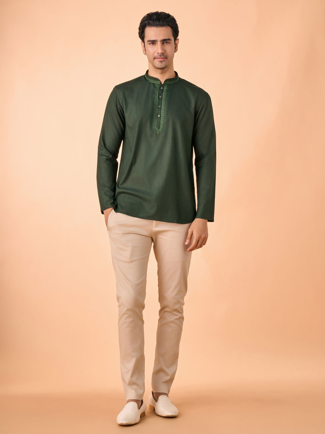 Manyavar Men Enchanting Dark Green Short Kurta