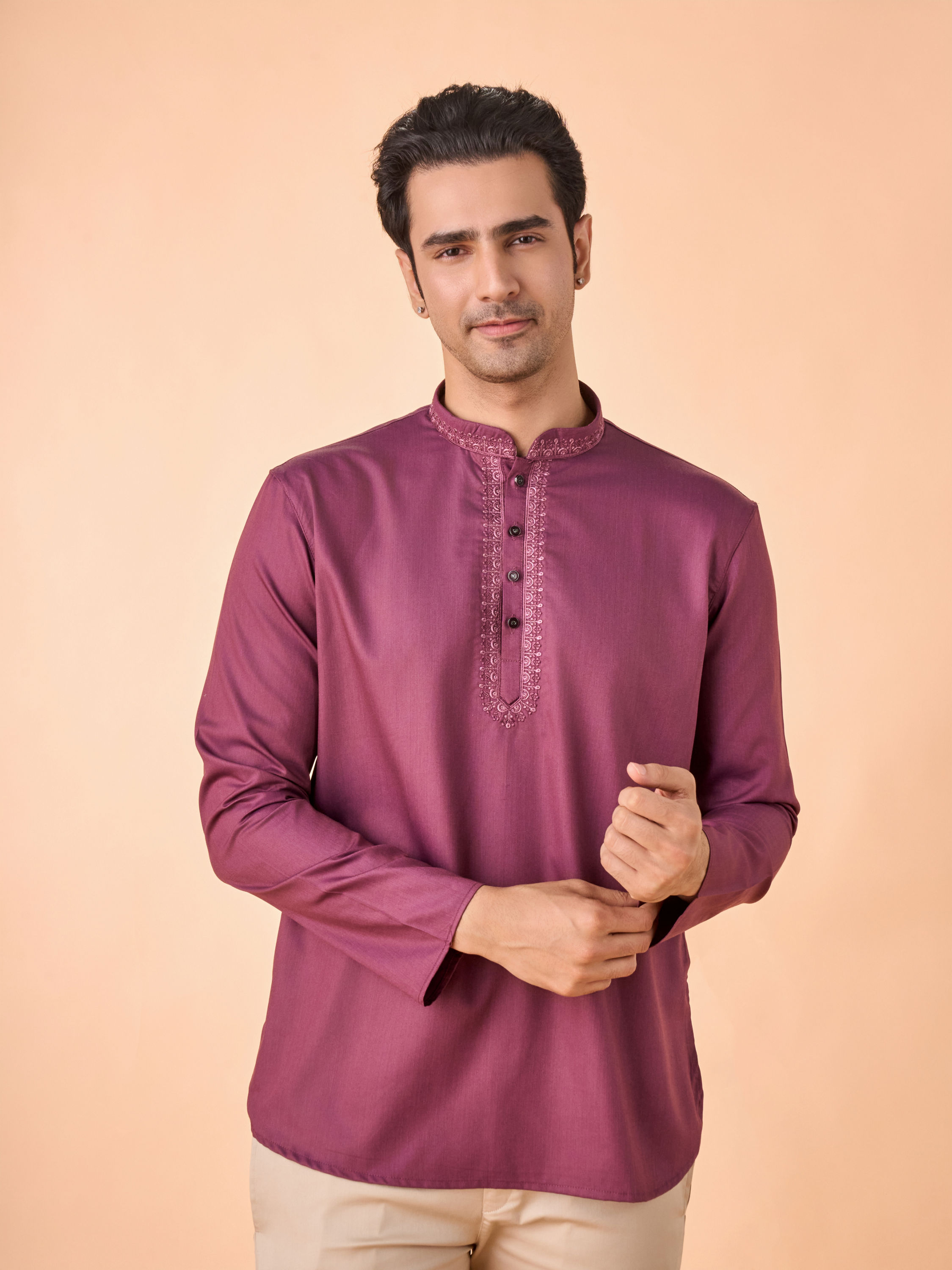 Manyavar Men Lustrous Purple Short Kurta