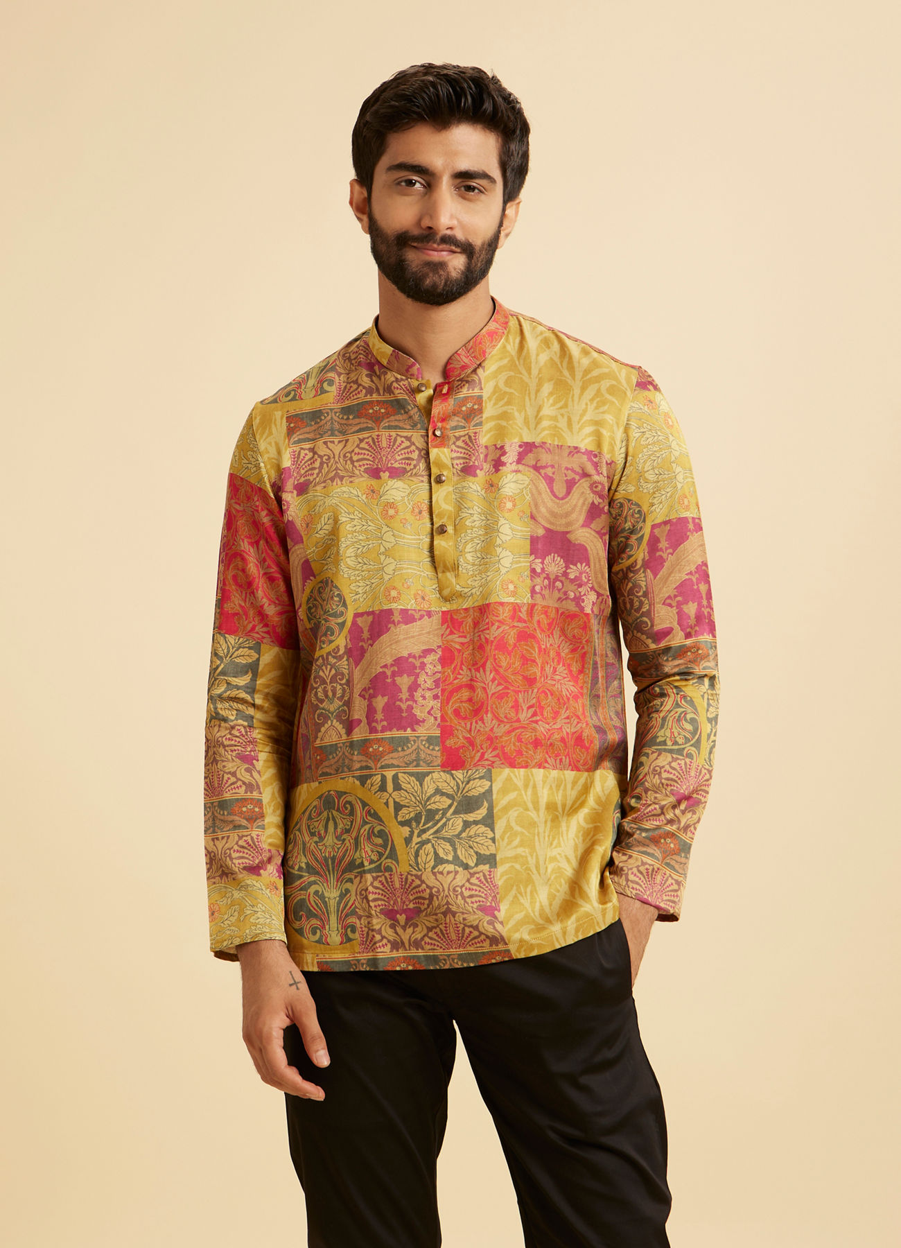 Manyavar Men Elegant Mehndi Green Short Kurta
