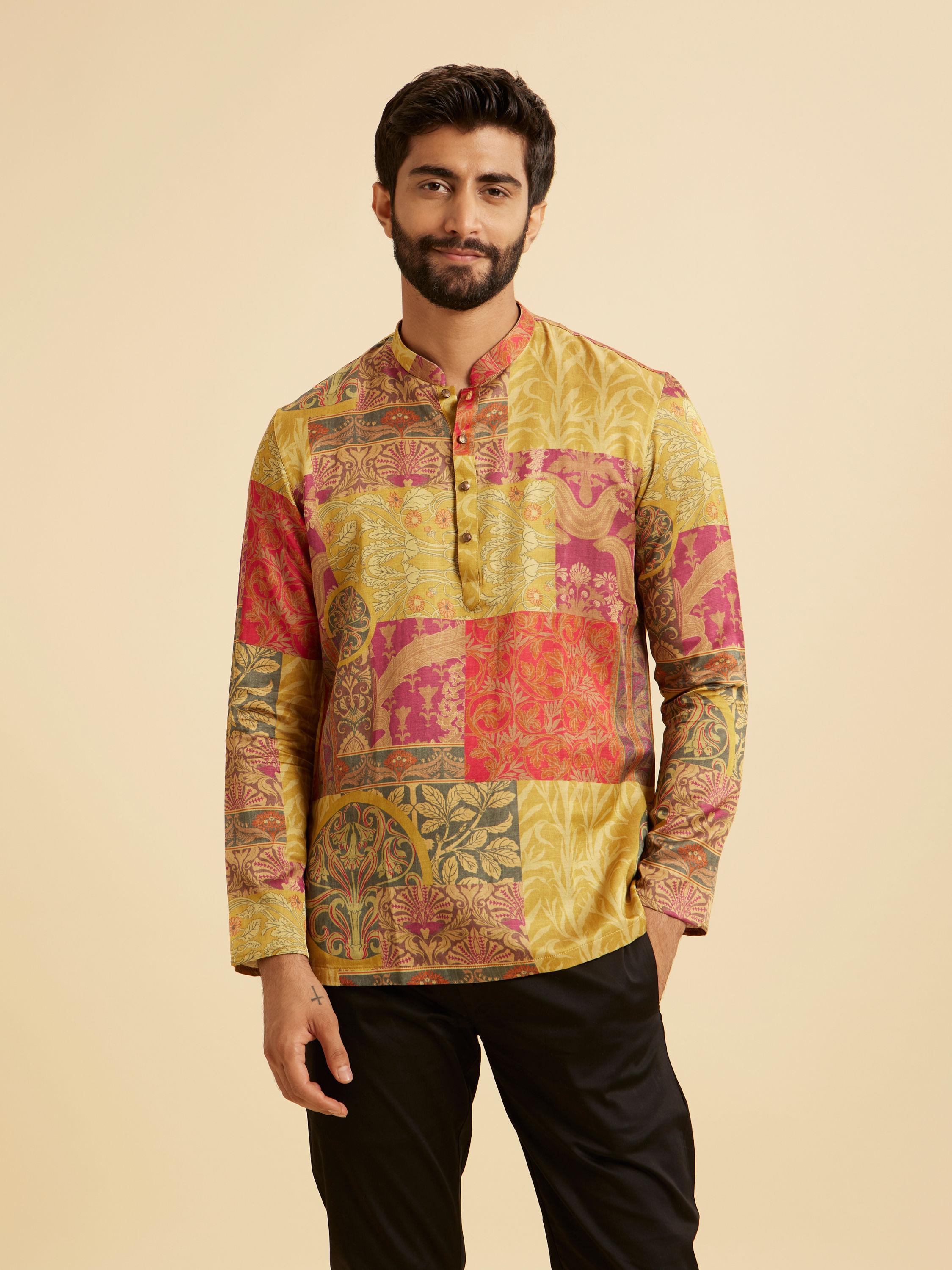 Manyavar Men Elegant Mehndi Green Short Kurta