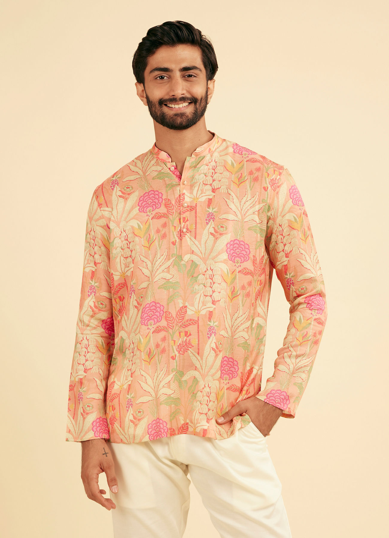 Manyavar Men Pink Satin Elegance Short Kurta