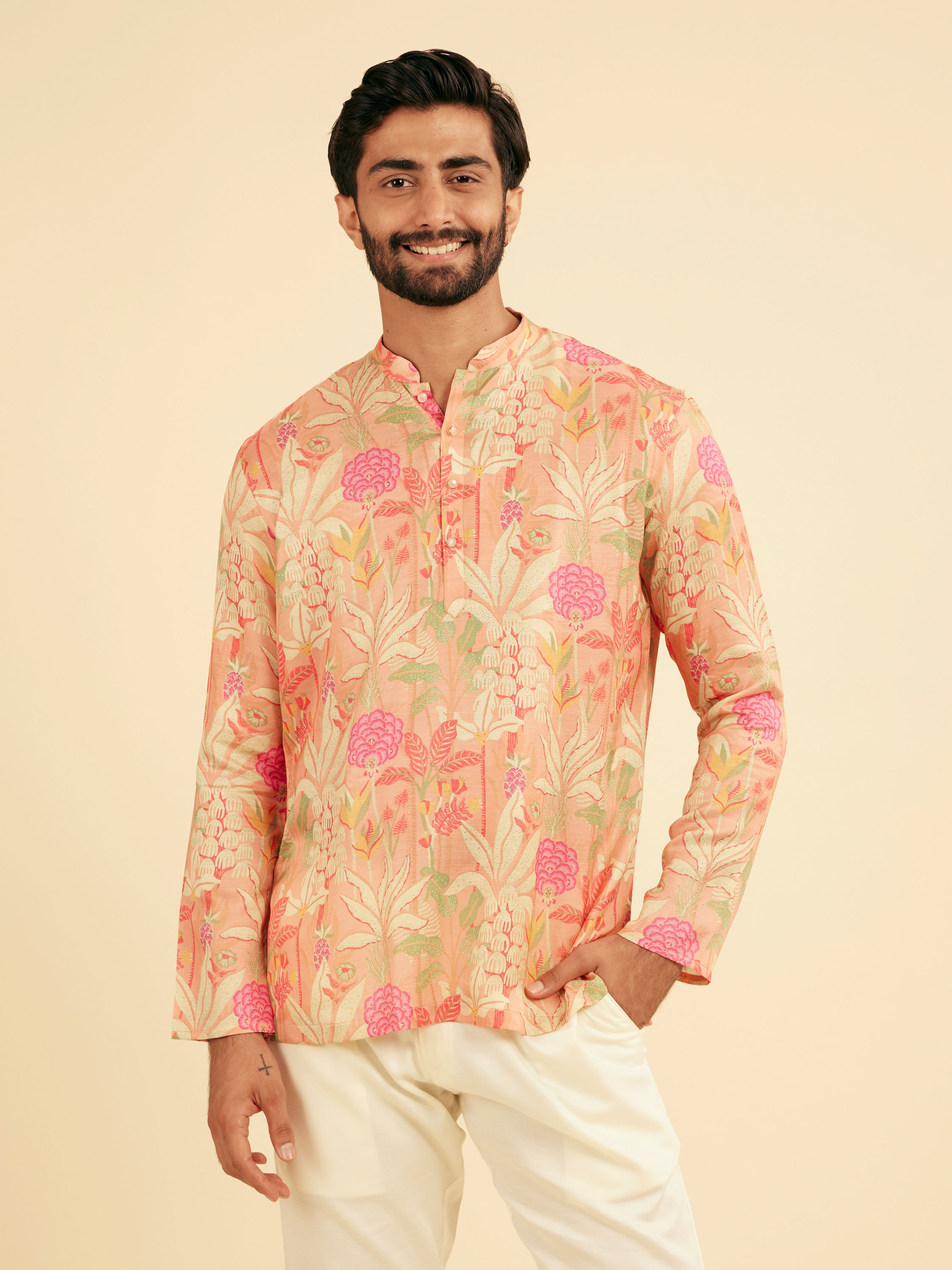 Manyavar Men Pink Satin Elegance Short Kurta