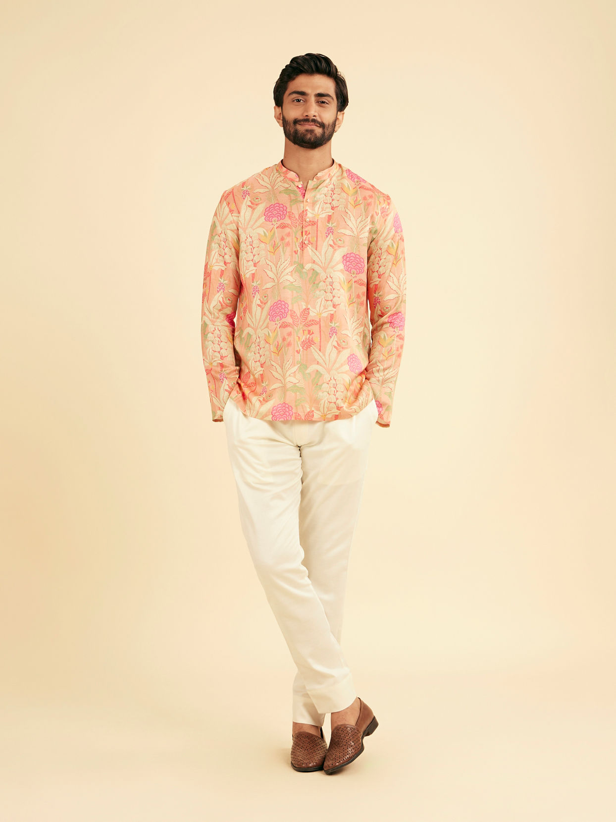 Manyavar Men Pink Satin Elegance Short Kurta