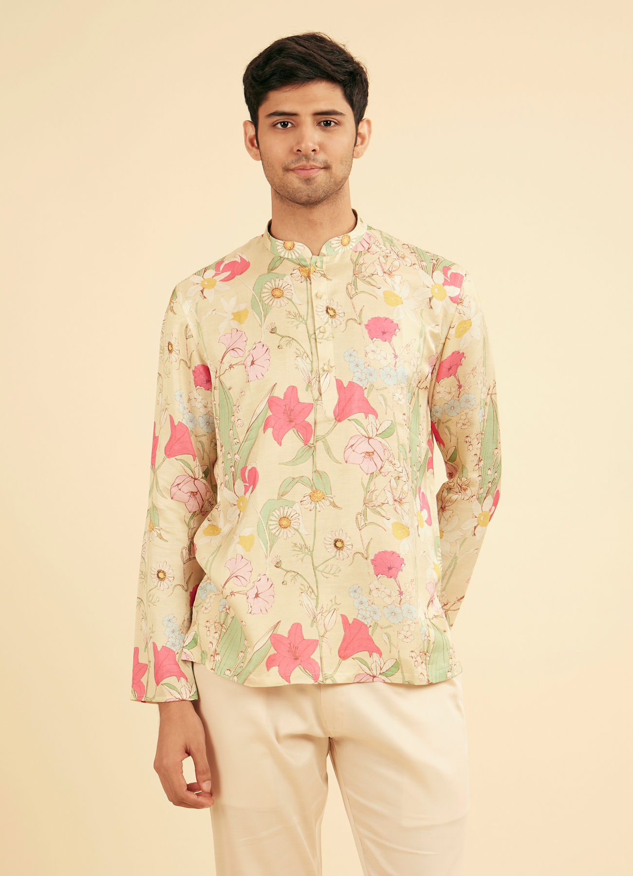 Manyavar Men Pista Green Satin Elegance Kurta