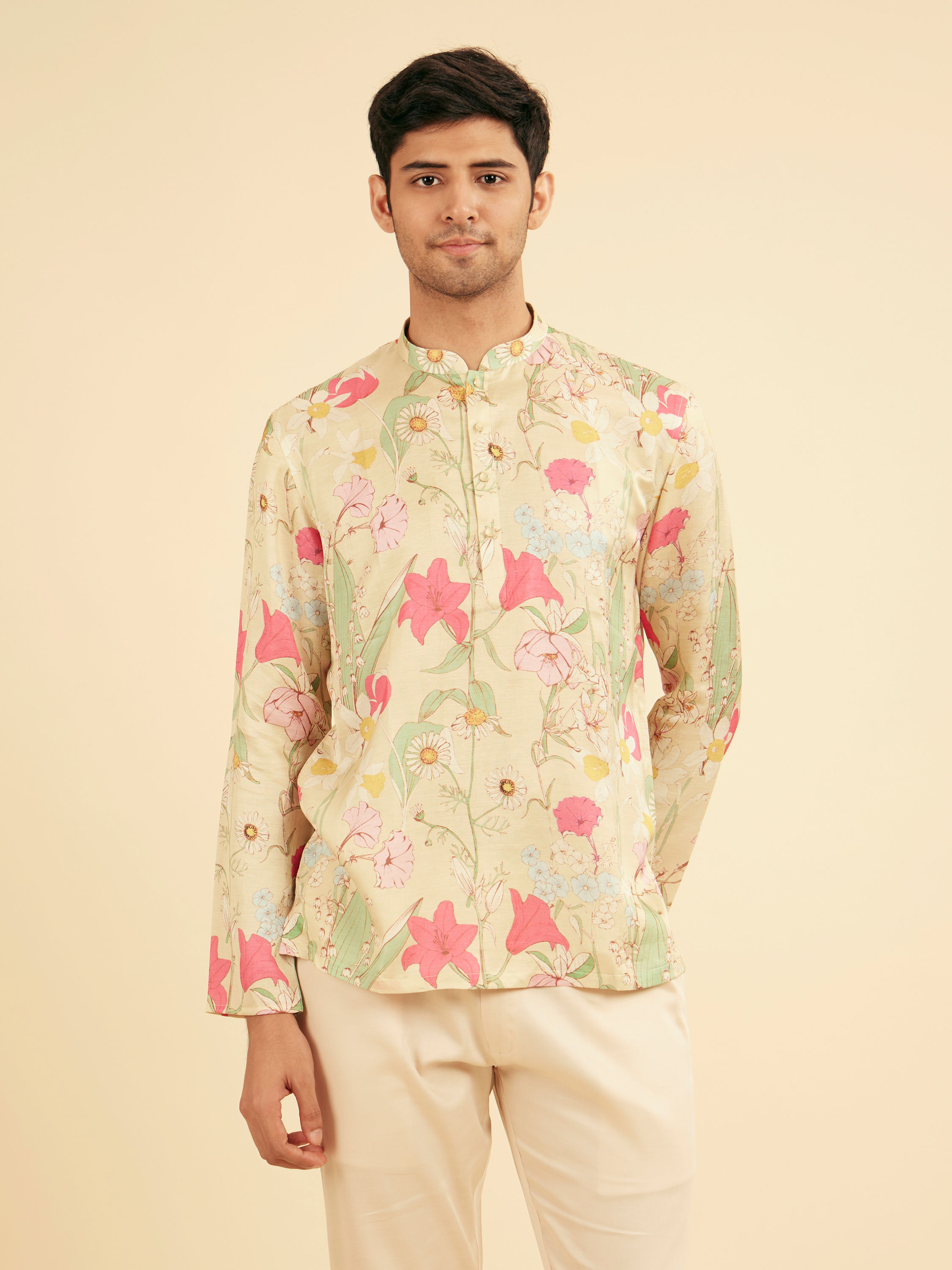 Manyavar Men Pista Green Satin Elegance Kurta