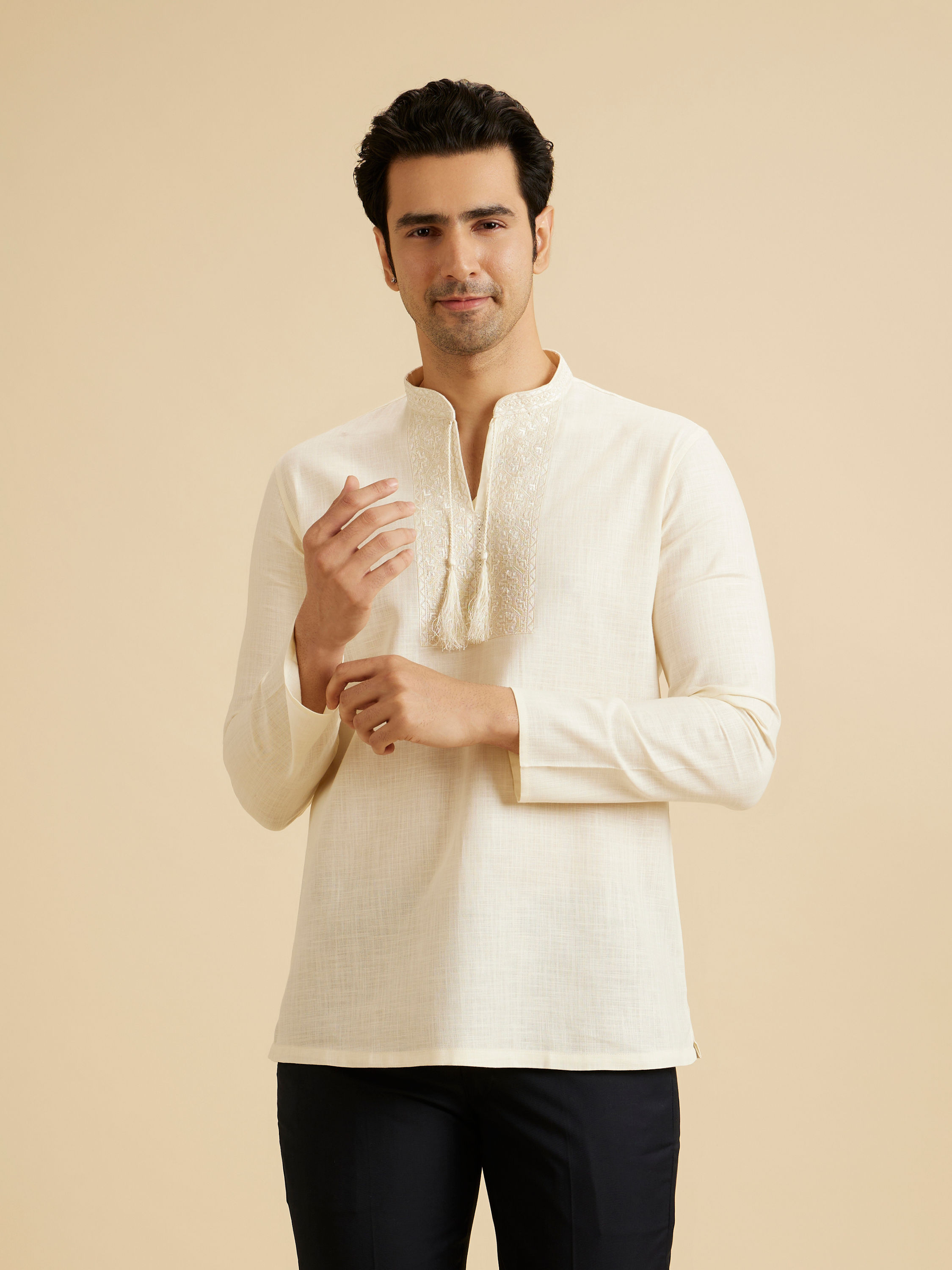 Manyavar Men Cream Elegance Short Kurta