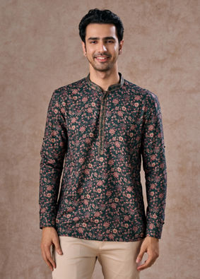 Manyavar Men Dreamy Dark Green Short Kurta