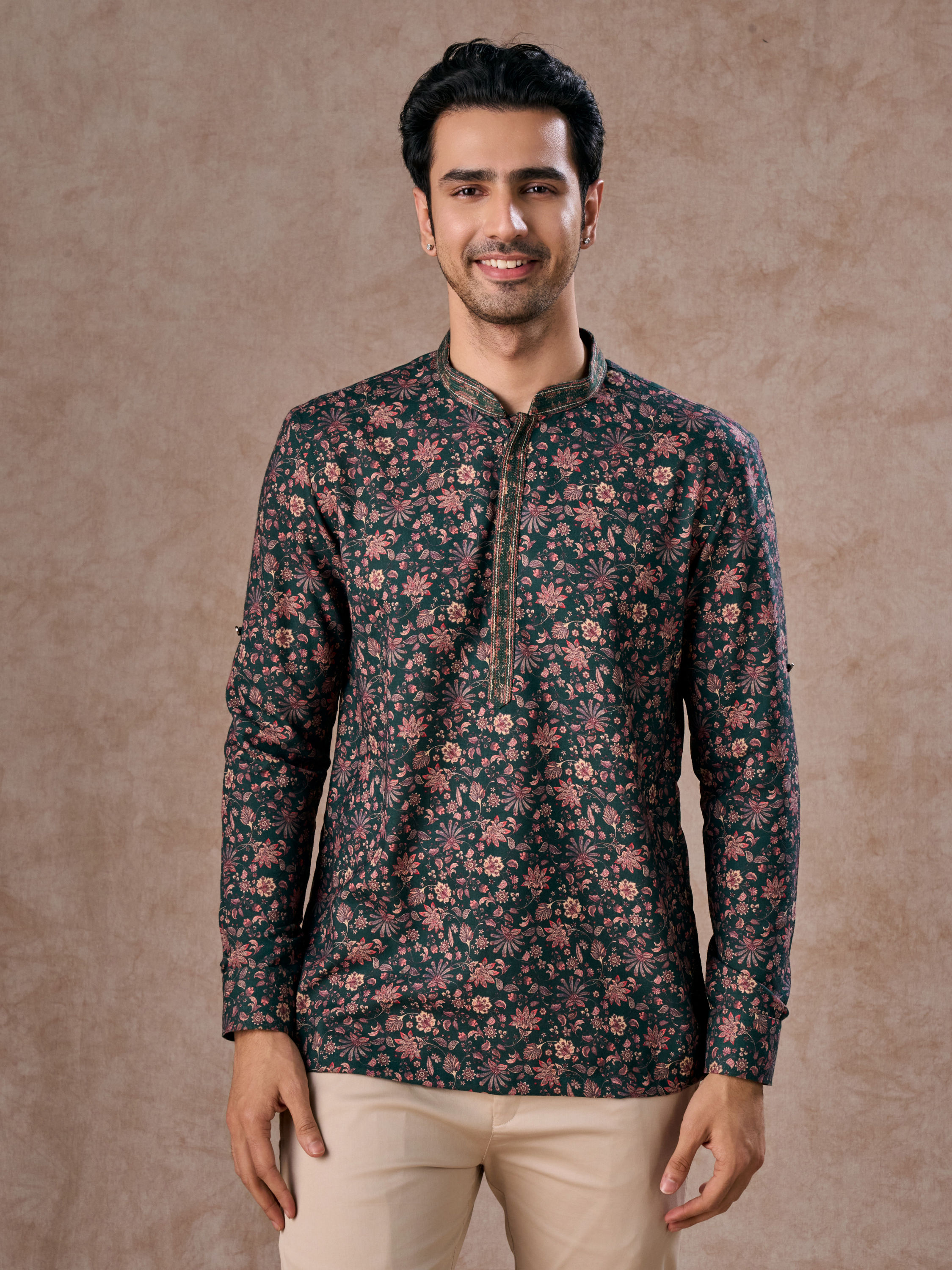 Manyavar Men Dreamy Dark Green Short Kurta