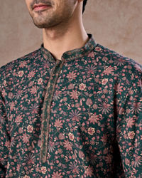 Manyavar Men Dreamy Dark Green Short Kurta