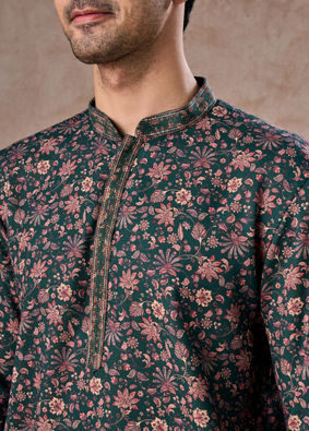 Manyavar Men Dreamy Dark Green Short Kurta