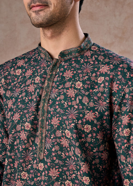 Manyavar Men Dreamy Dark Green Short Kurta