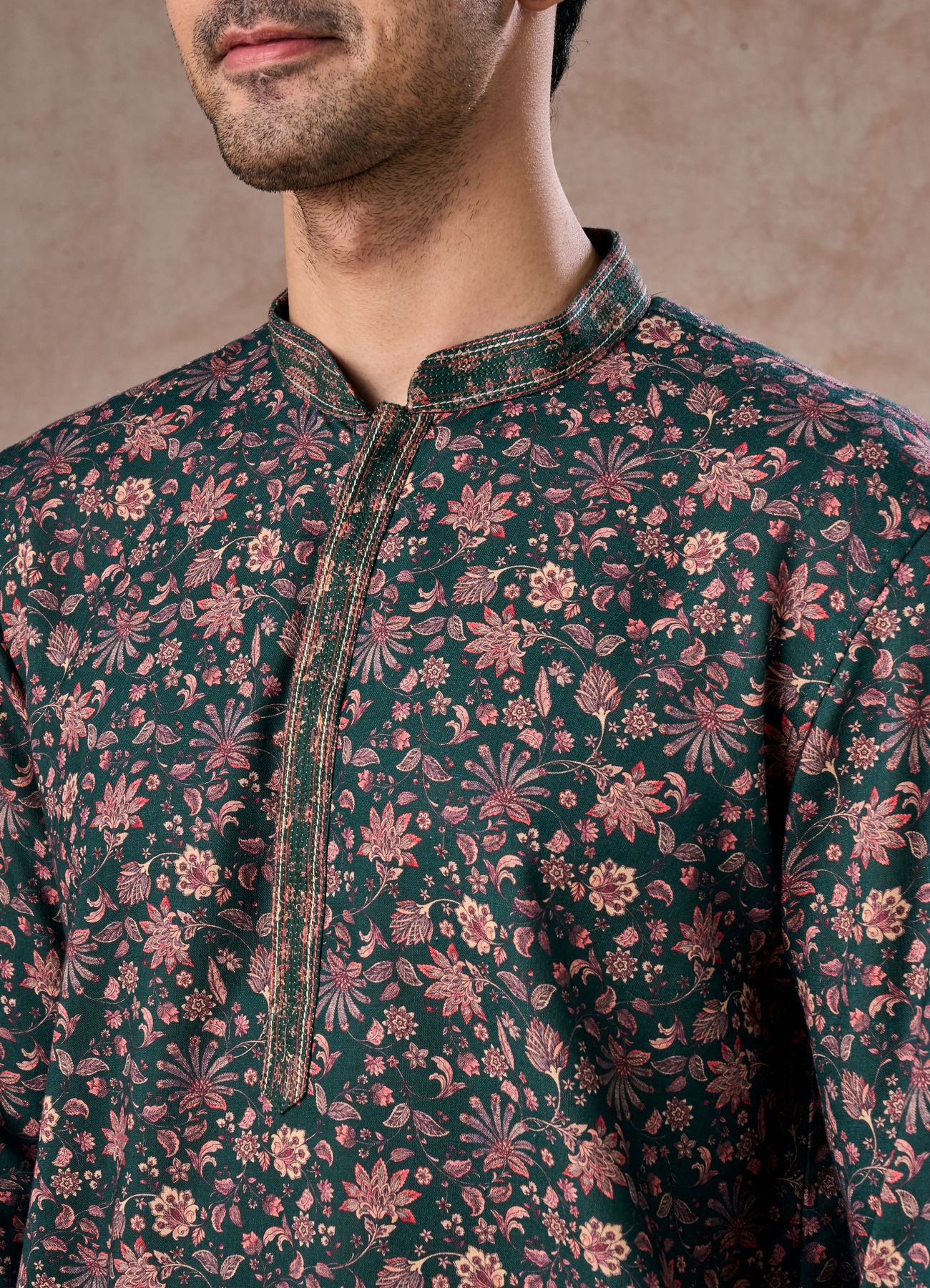 Manyavar Men Dreamy Dark Green Short Kurta