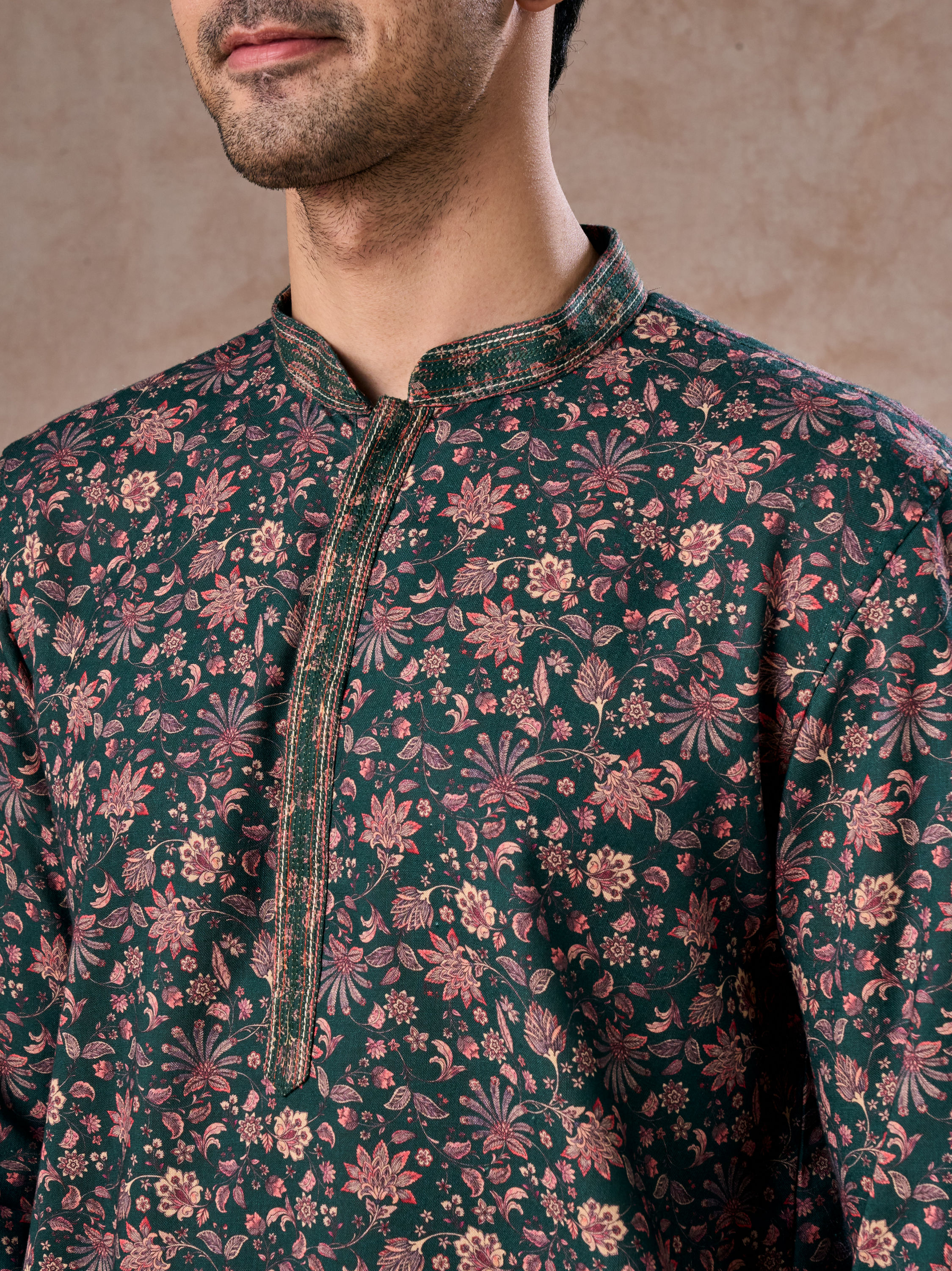 Manyavar Men Dreamy Dark Green Short Kurta