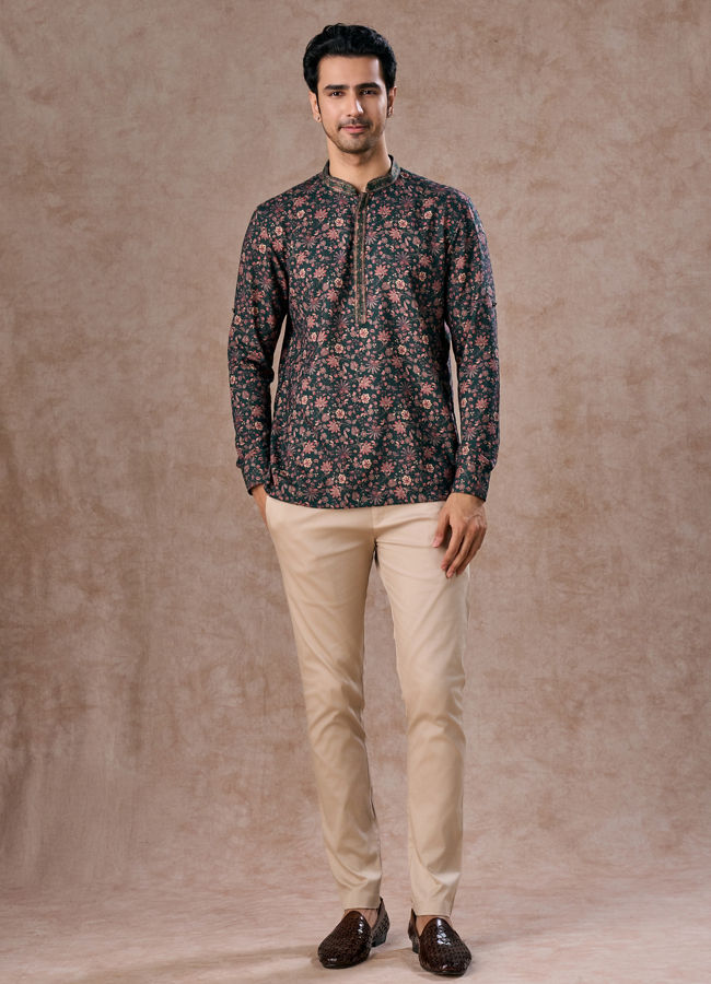Manyavar Men Dreamy Dark Green Short Kurta