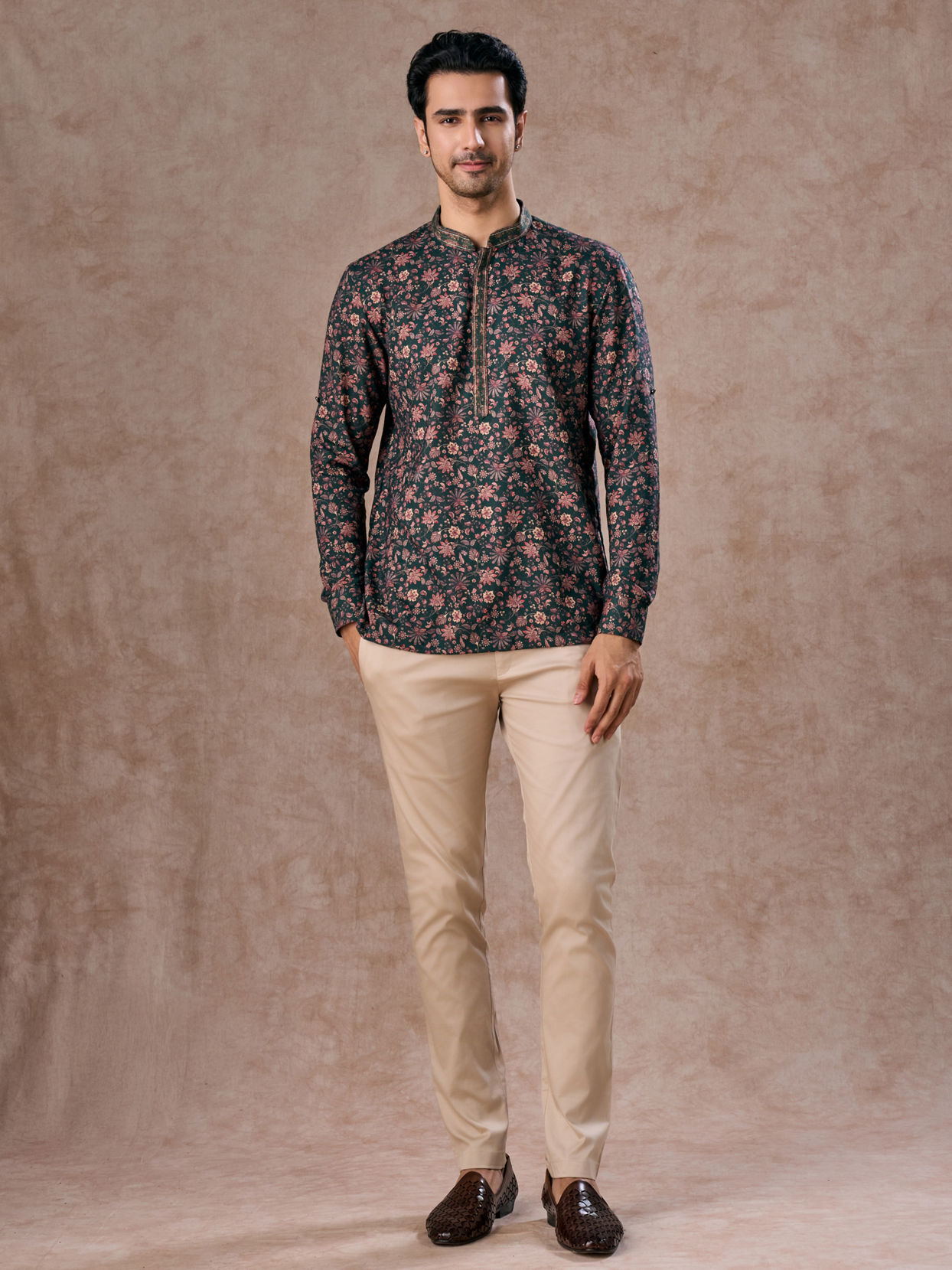 Manyavar Men Dreamy Dark Green Short Kurta