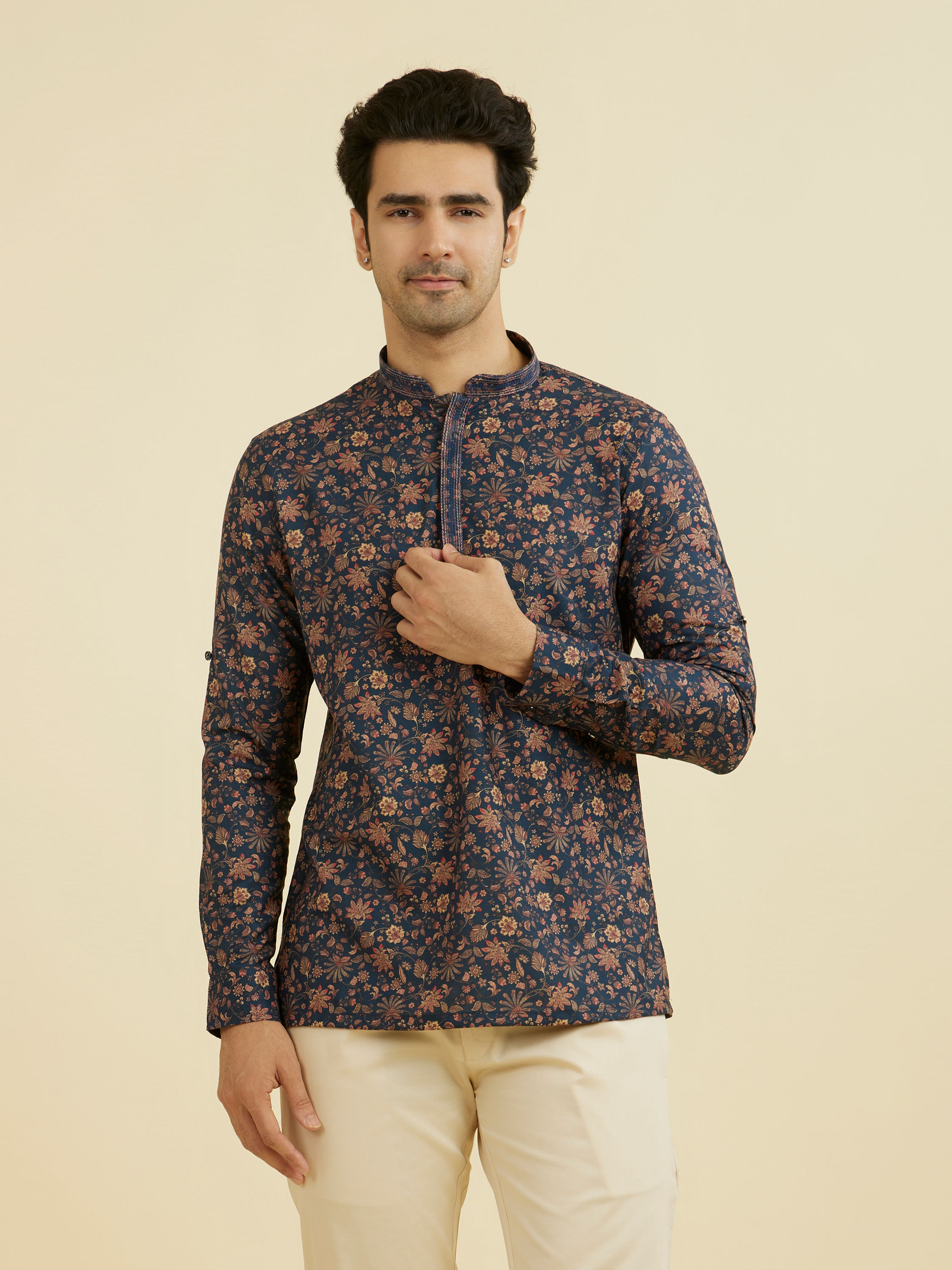 Manyavar Men Elegant Dark Blue Short Kurta