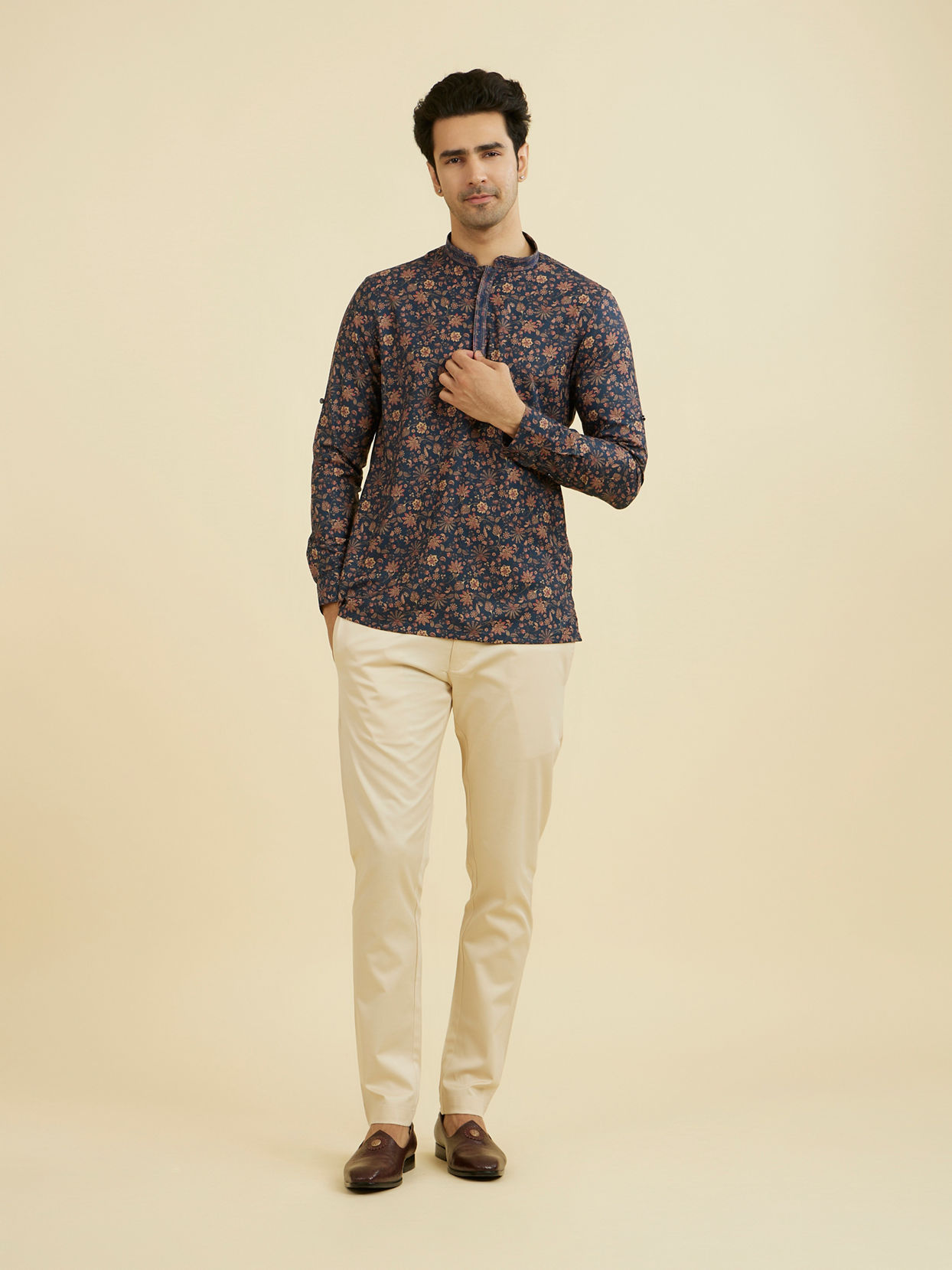 Manyavar Men Elegant Dark Blue Short Kurta