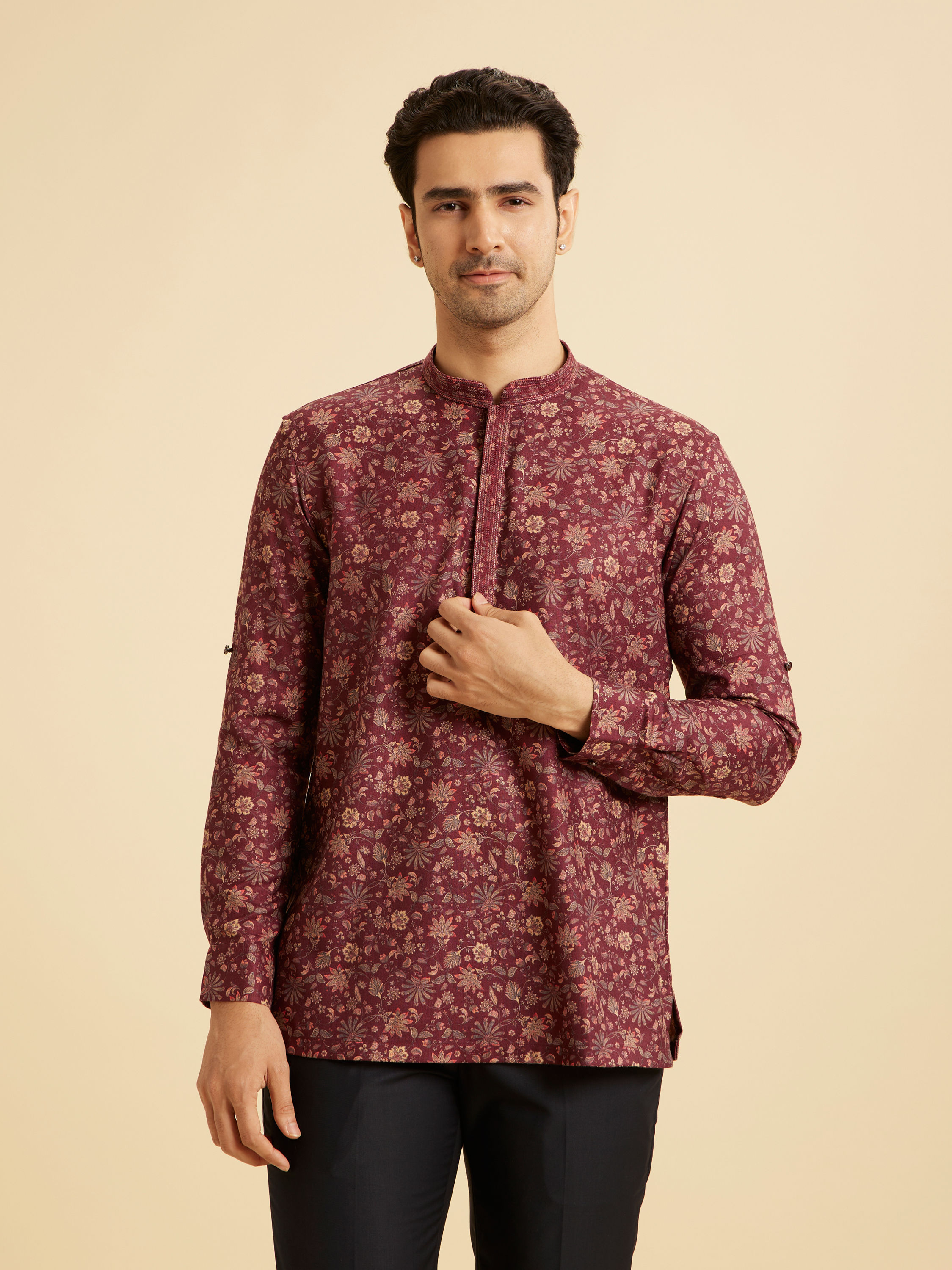 Manyavar Men Maroon Majesty Short Kurta