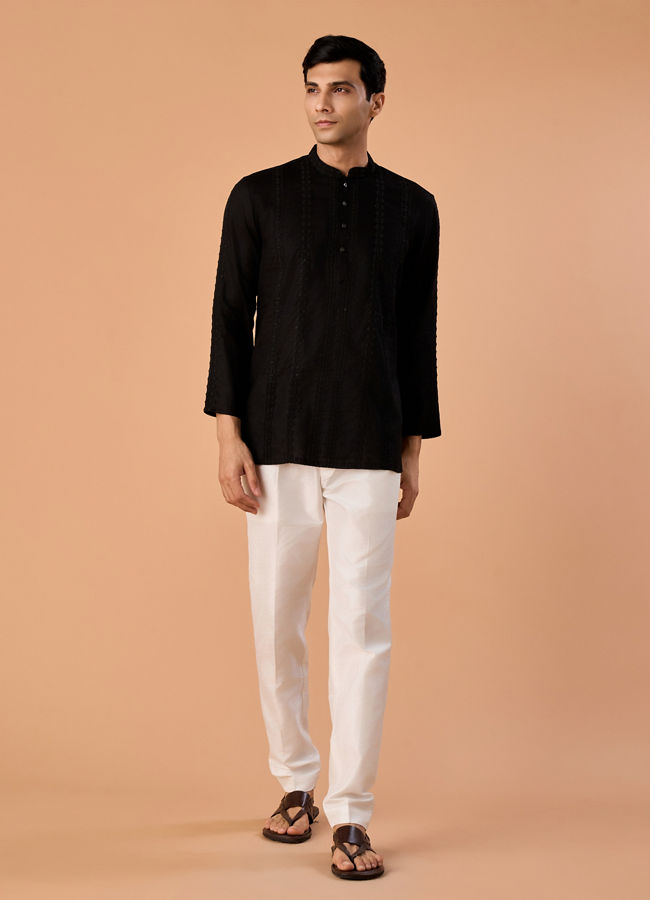 Manyavar Men Elegant Black Linen Short Kurta