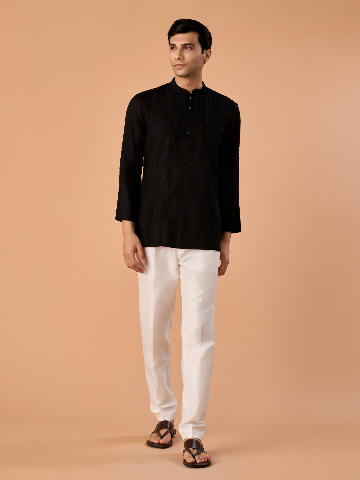 Manyavar Men Elegant Black Linen Short Kurta