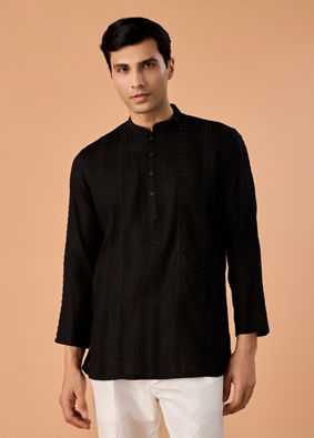 Manyavar Men Elegant Black Linen Short Kurta