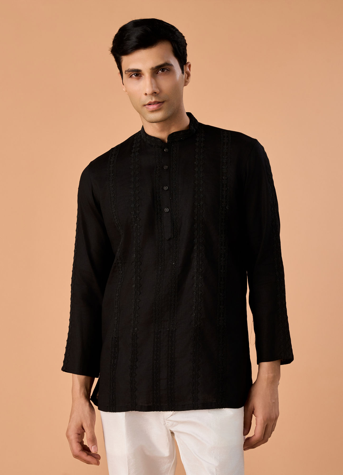 Manyavar Men Elegant Black Linen Short Kurta