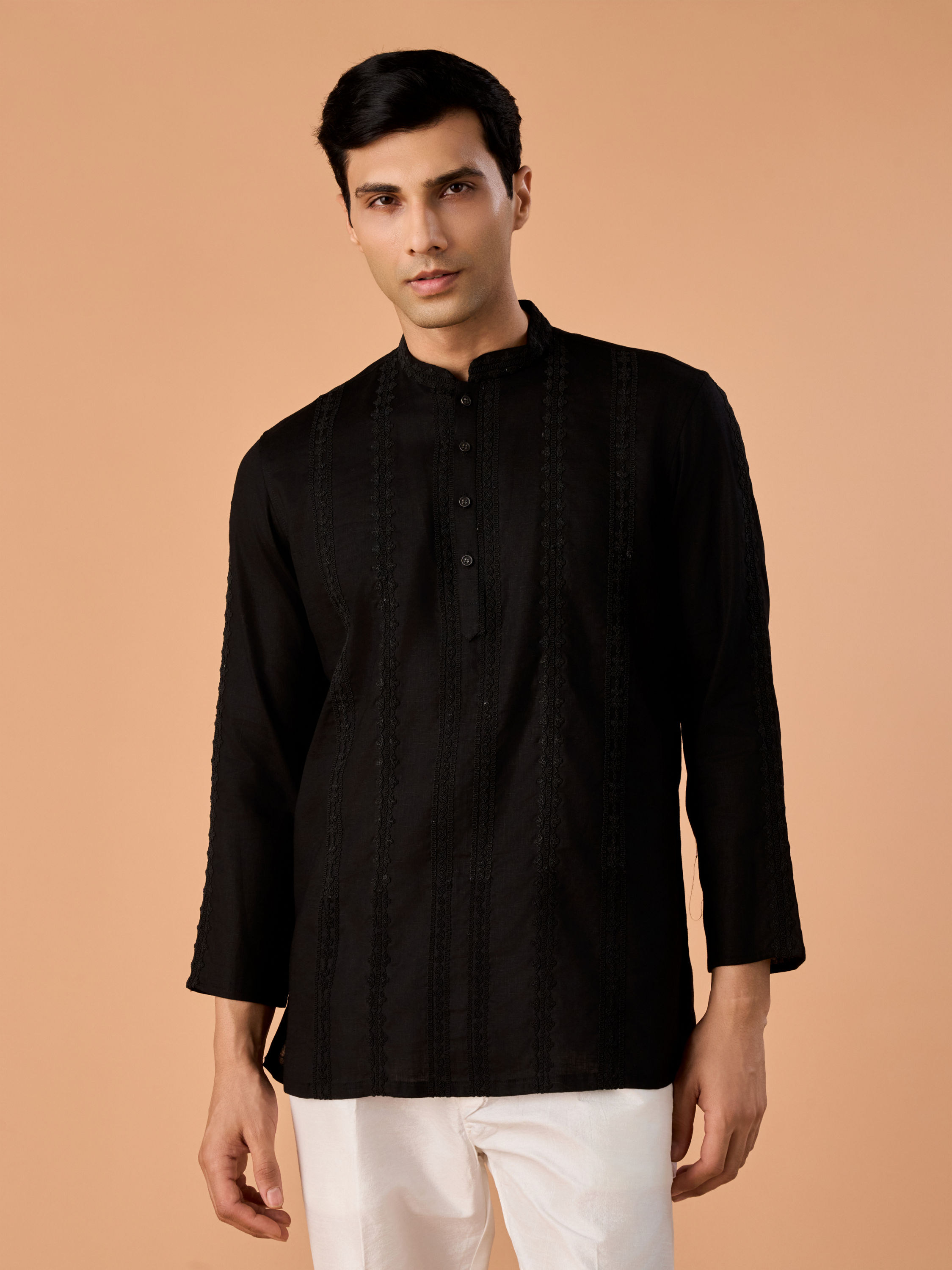 Manyavar Men Elegant Black Linen Short Kurta