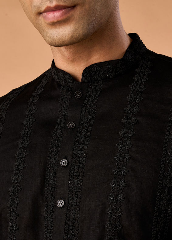 Manyavar Men Elegant Black Linen Short Kurta