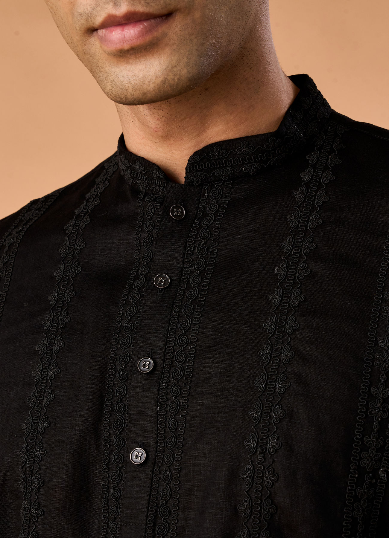 Manyavar Men Elegant Black Linen Short Kurta