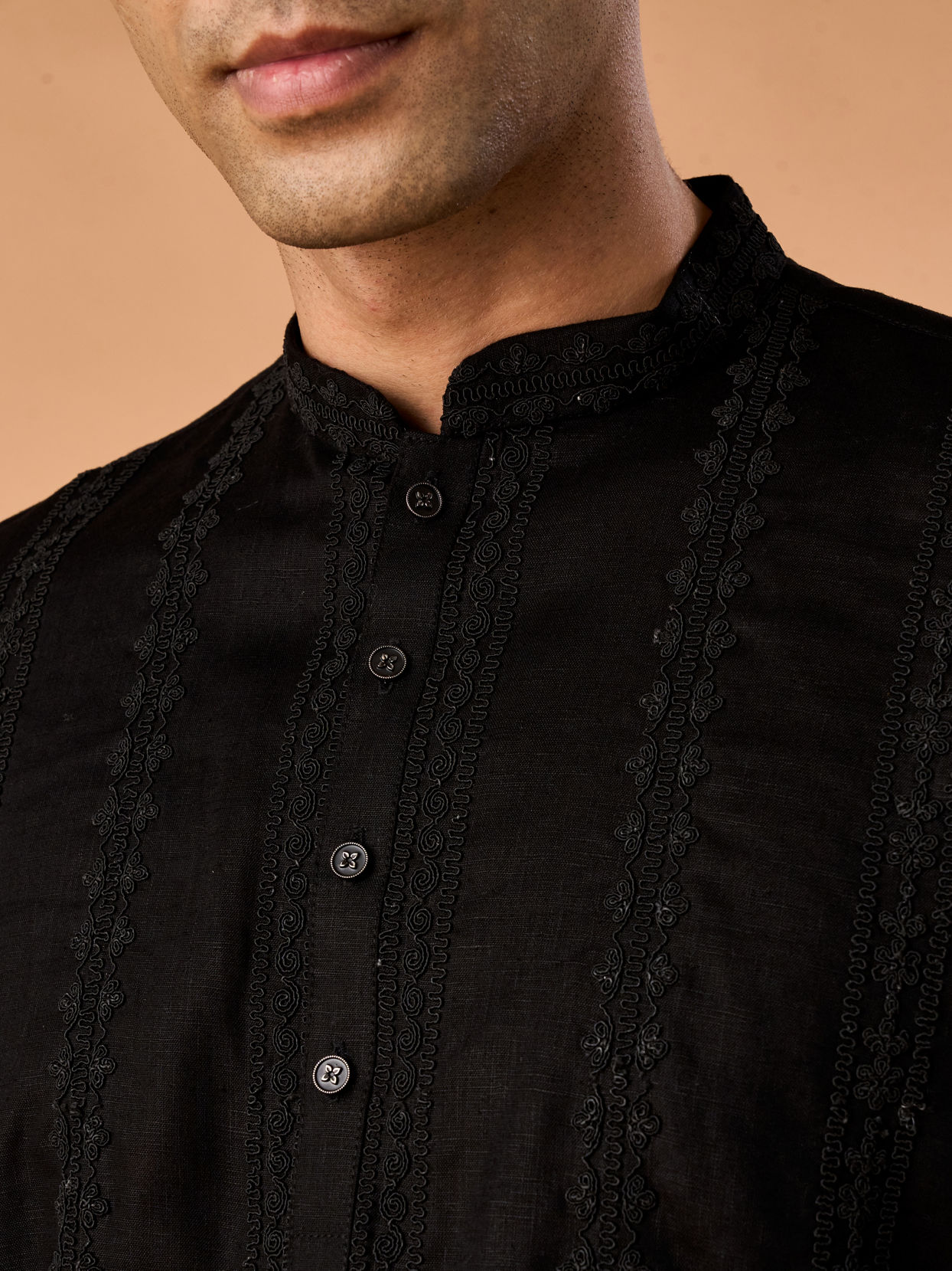 Manyavar Men Elegant Black Linen Short Kurta