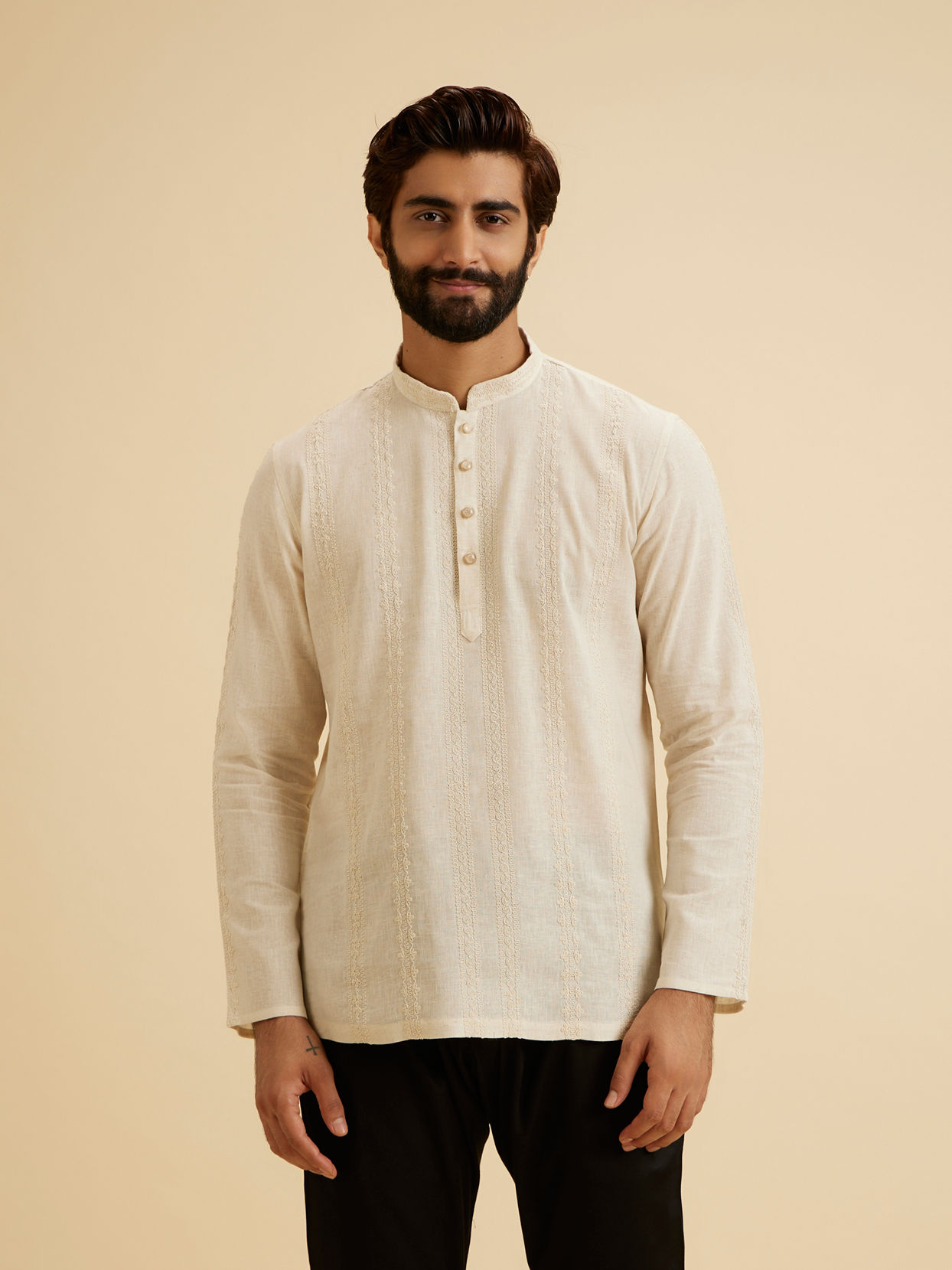 Manyavar Men Beige Bliss Linen Kurta