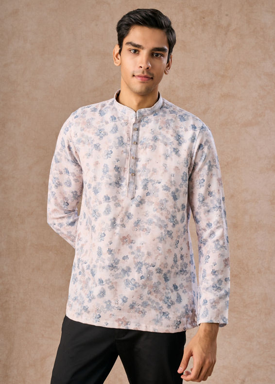 Manyavar Men Cream Blended Cotton Short Kurta