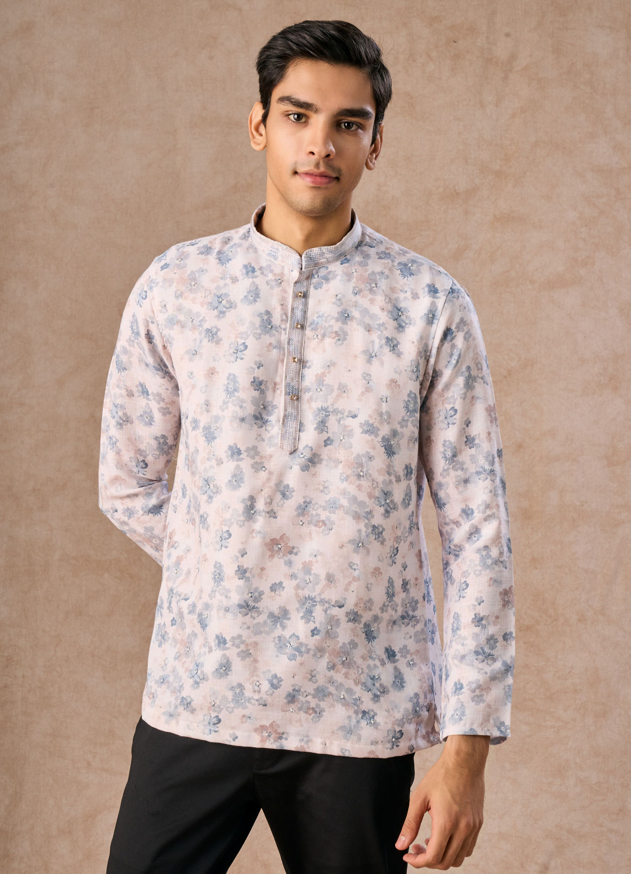 Manyavar Men Cream Blended Cotton Short Kurta