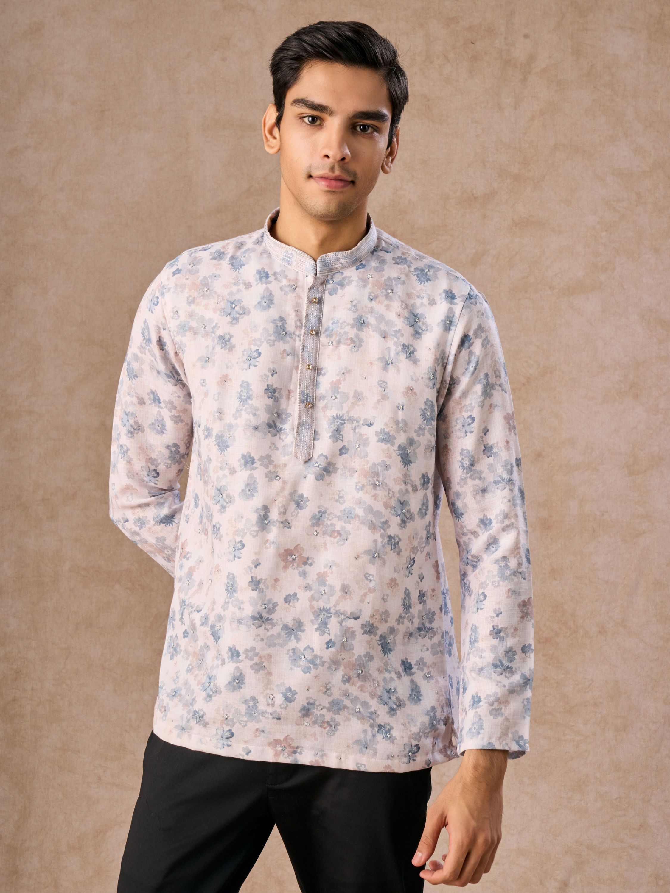 Manyavar Men Cream Blended Cotton Short Kurta