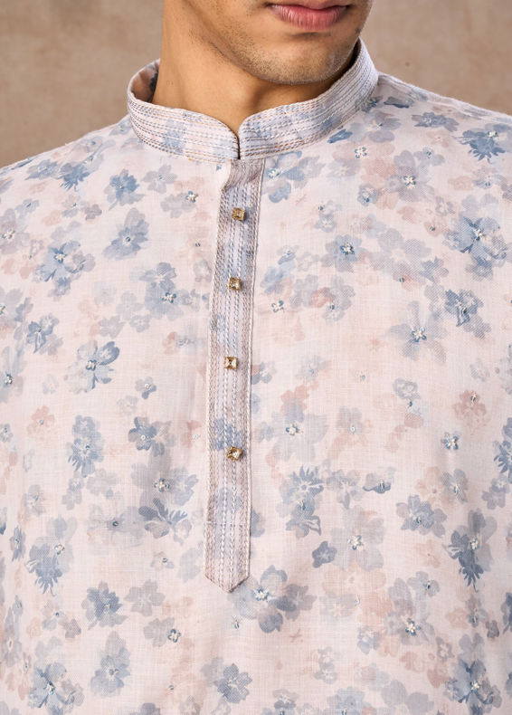 Manyavar Men Cream Blended Cotton Short Kurta