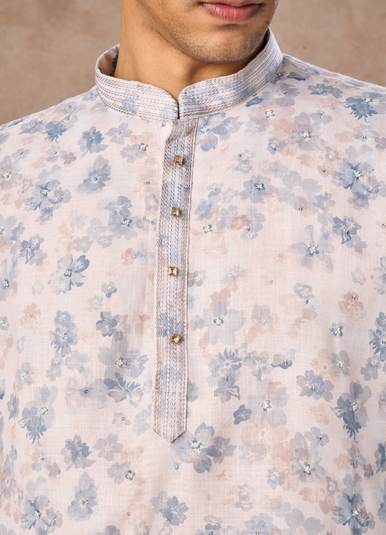 Manyavar Men Cream Blended Cotton Short Kurta