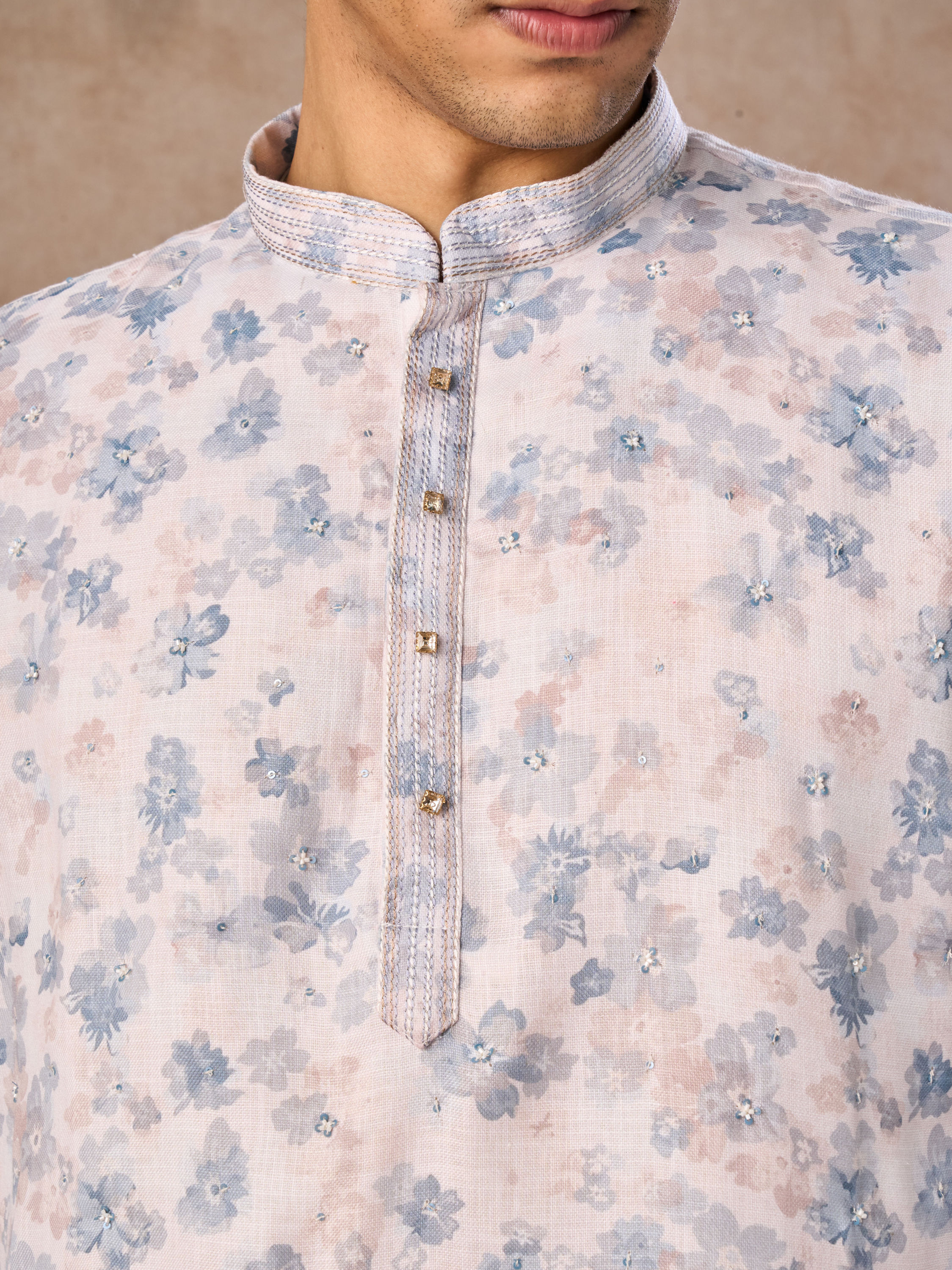 Manyavar Men Cream Blended Cotton Short Kurta