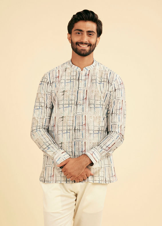 Manyavar Men Knit Cream Short Kurta