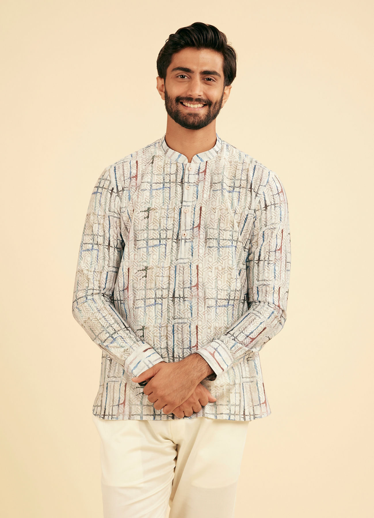 Manyavar Men Knit Cream Short Kurta