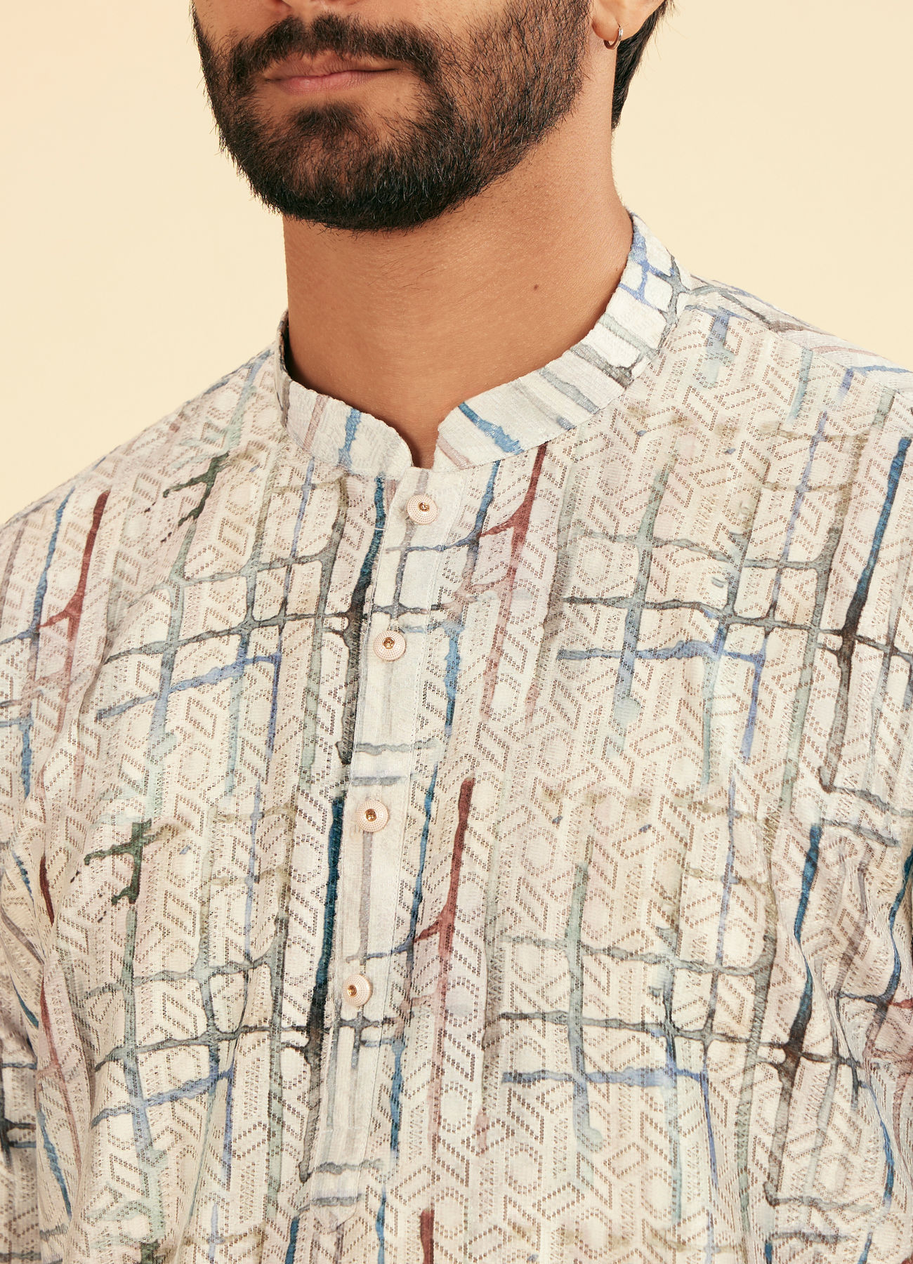 Manyavar Men Knit Cream Short Kurta