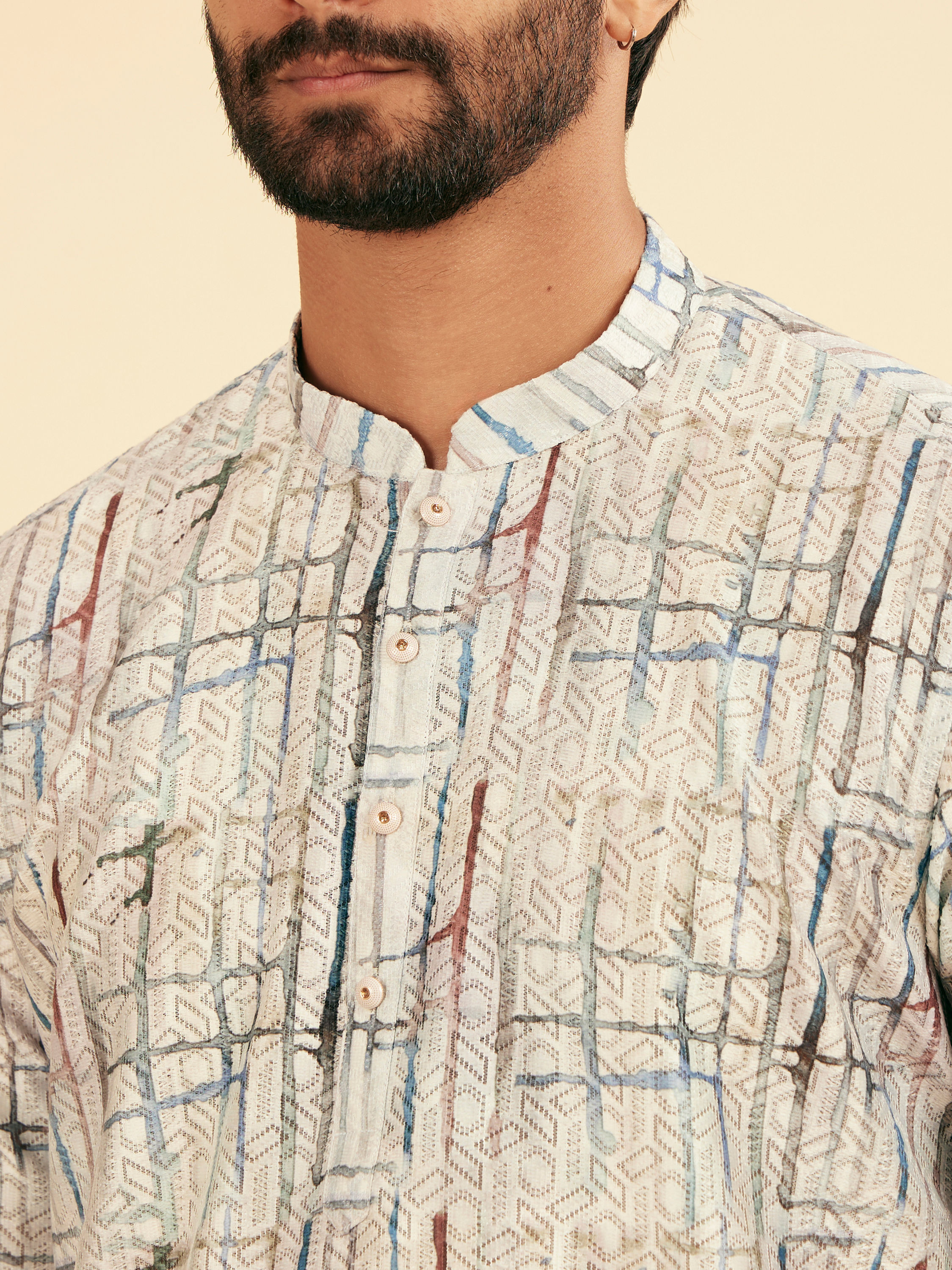 Manyavar Men Knit Cream Short Kurta