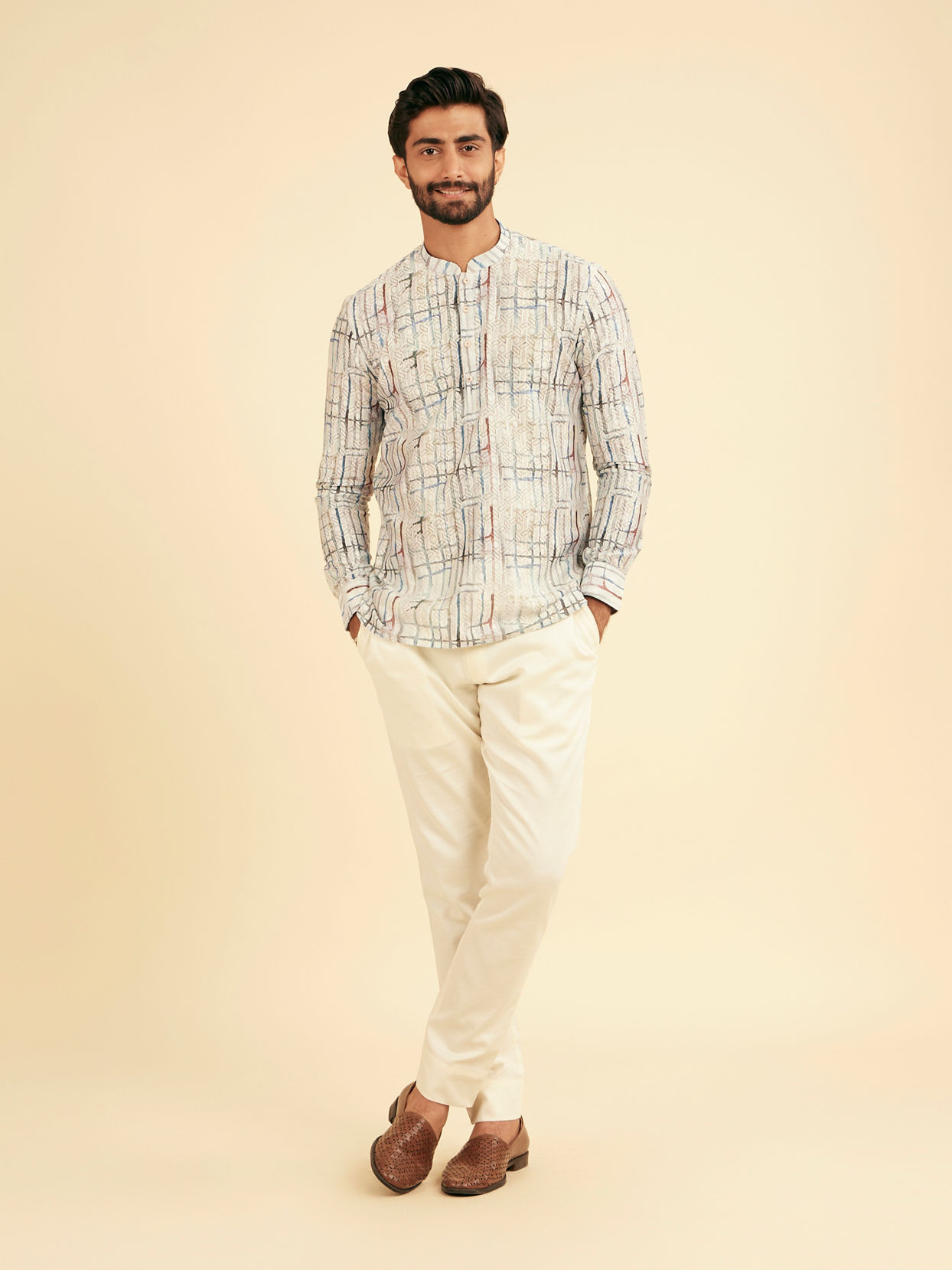 Manyavar Men Knit Cream Short Kurta