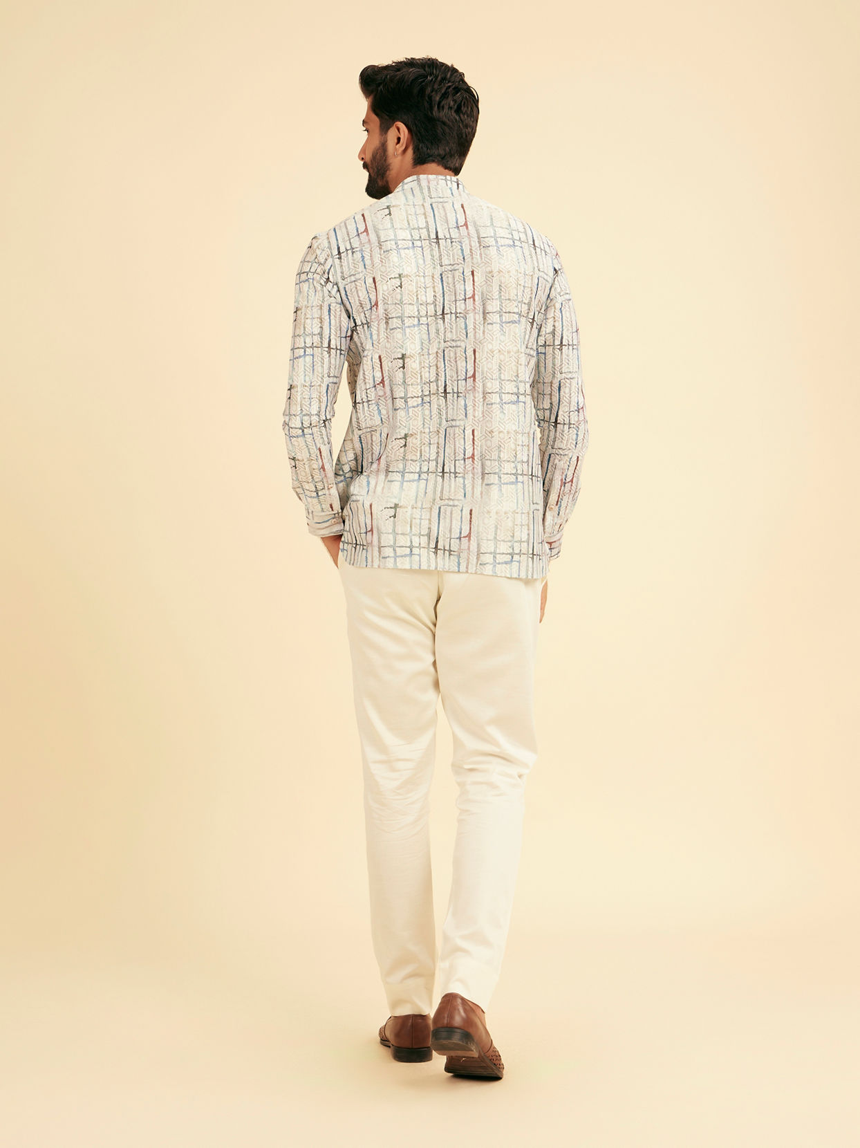 Manyavar Men Knit Cream Short Kurta