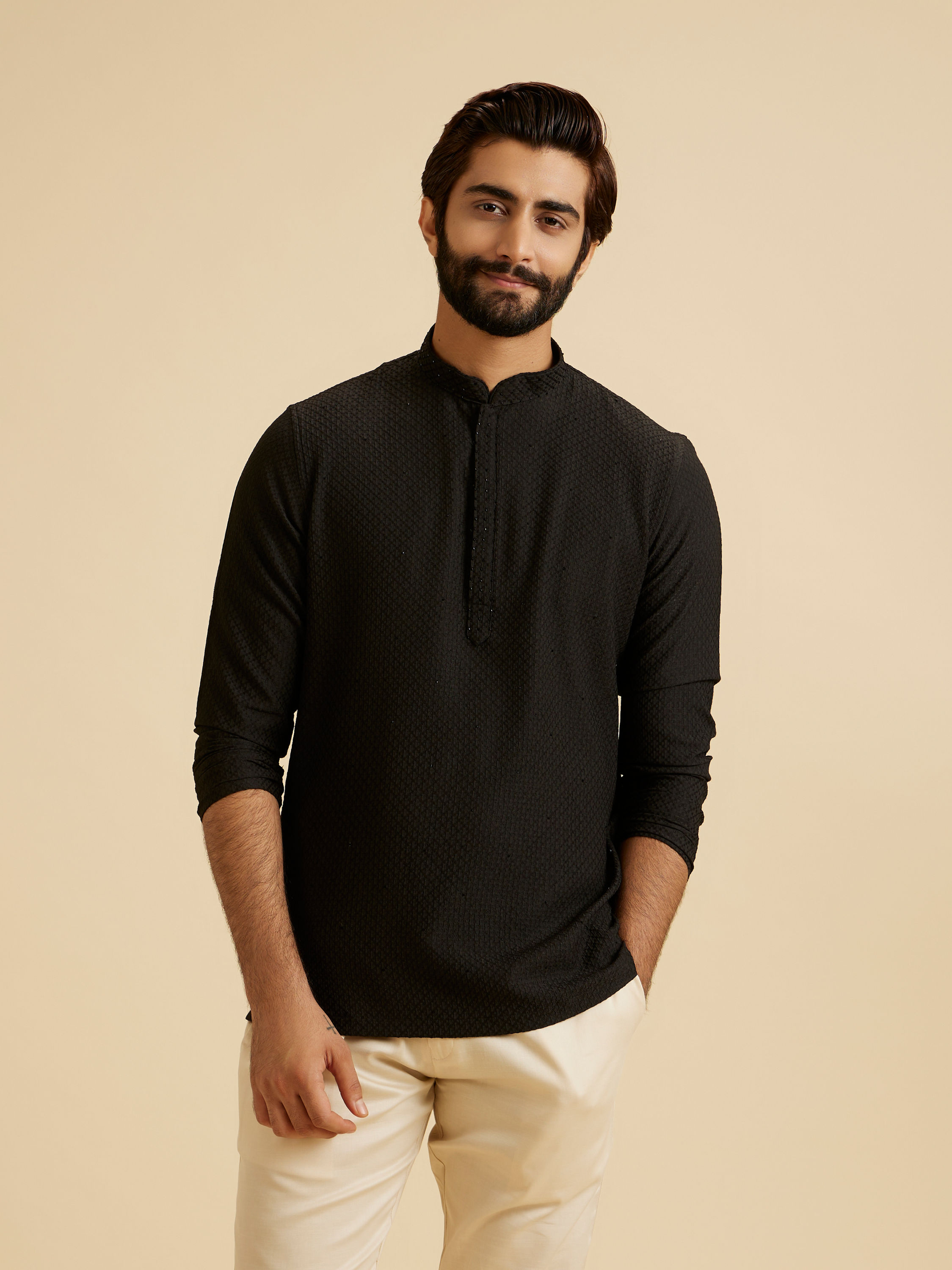 Manyavar Men Black Elegance Short Kurta