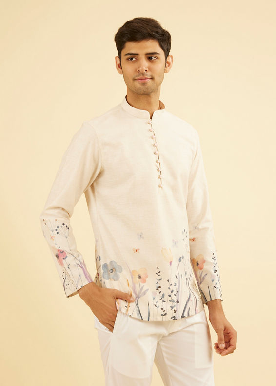 Manyavar Men Beige Radiance Cotton Short Kurta