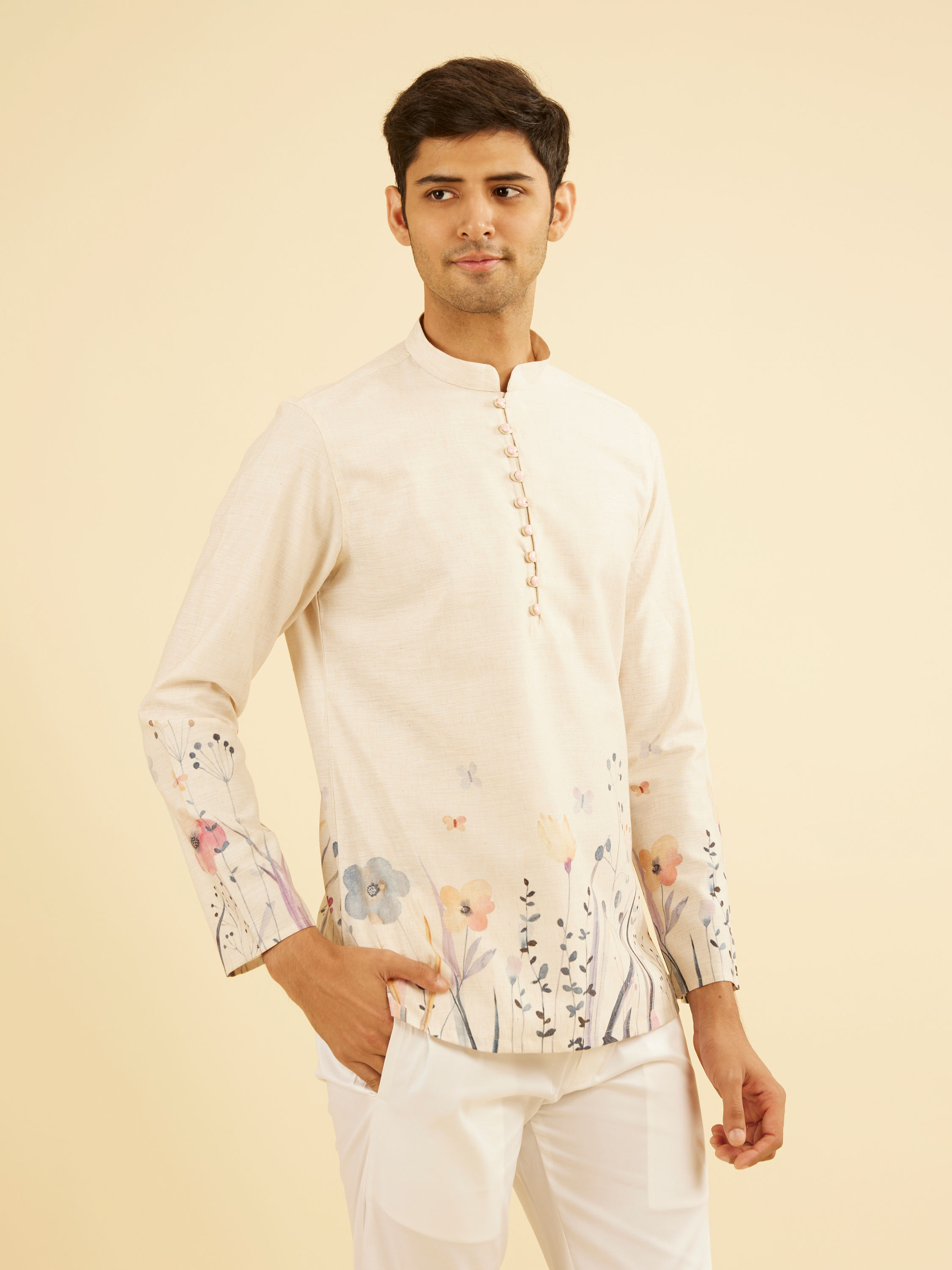 Manyavar Men Beige Radiance Cotton Short Kurta