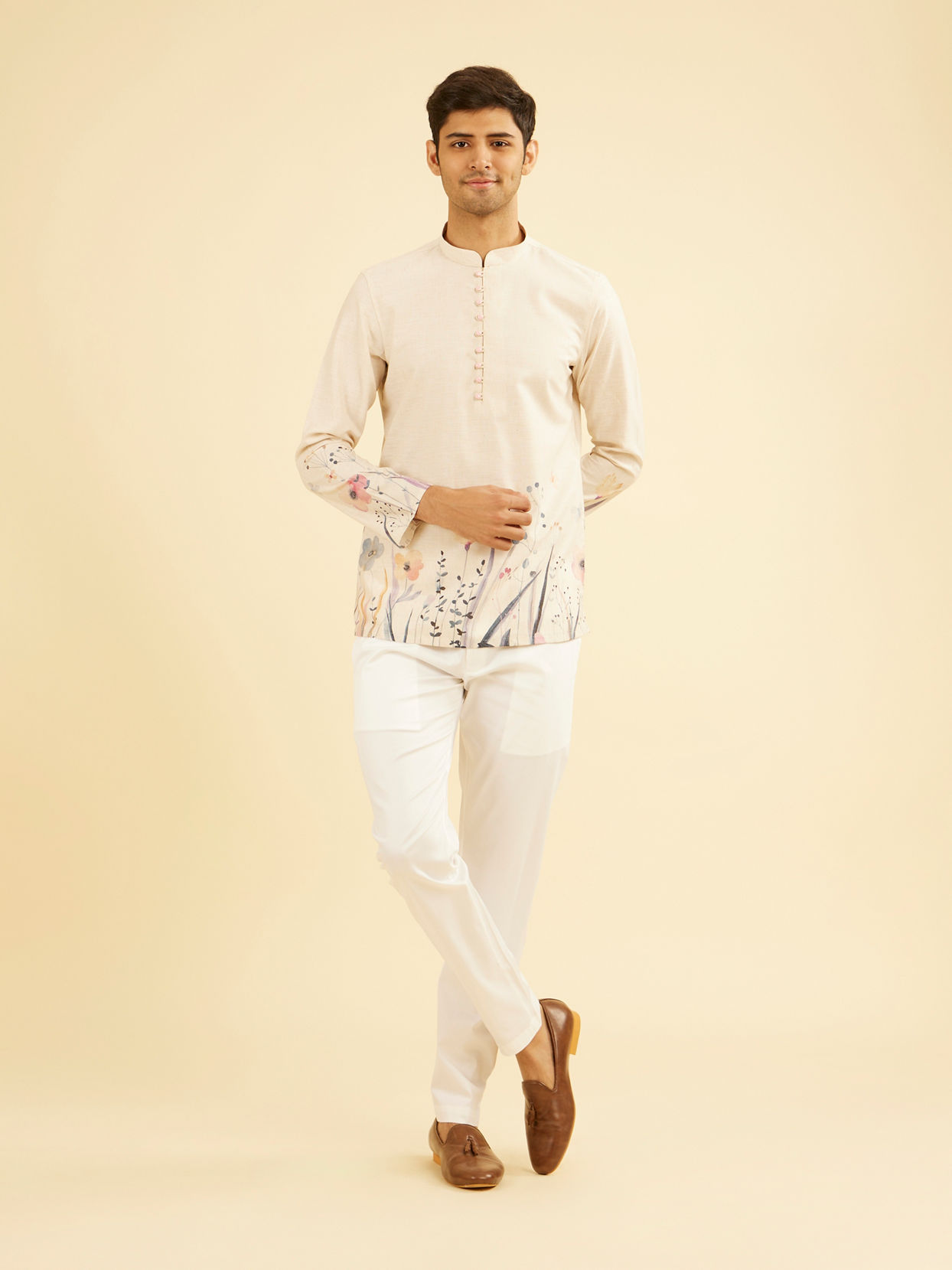 Manyavar Men Beige Radiance Cotton Short Kurta