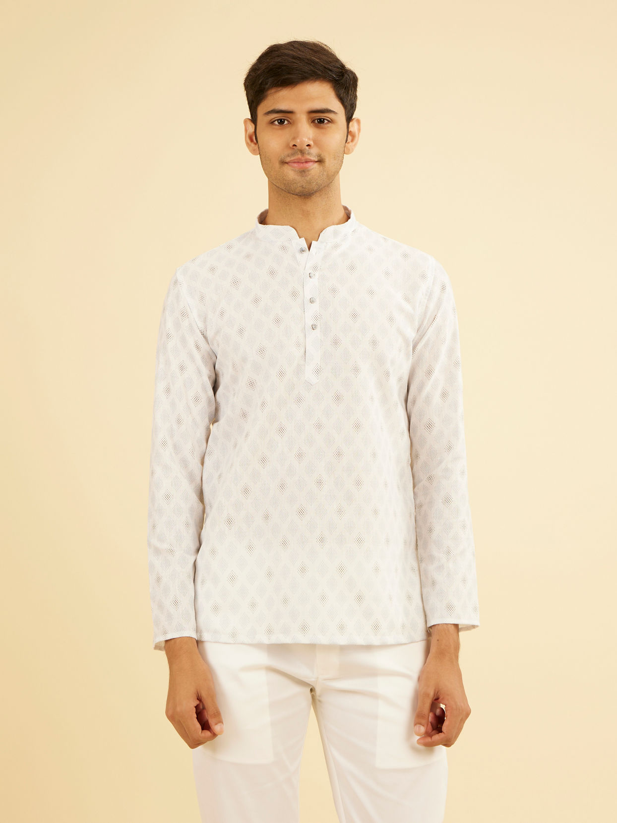 Manyavar Men White Cotton Short Kurta Elegance