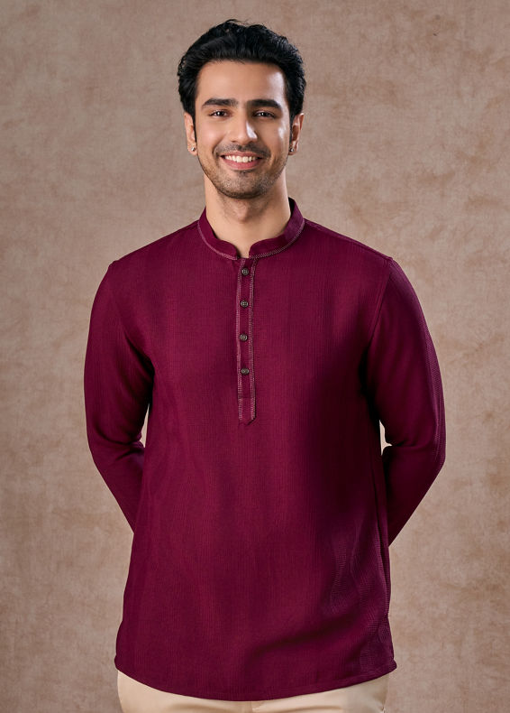 Manyavar Men Wine Rayon Short Kurta
